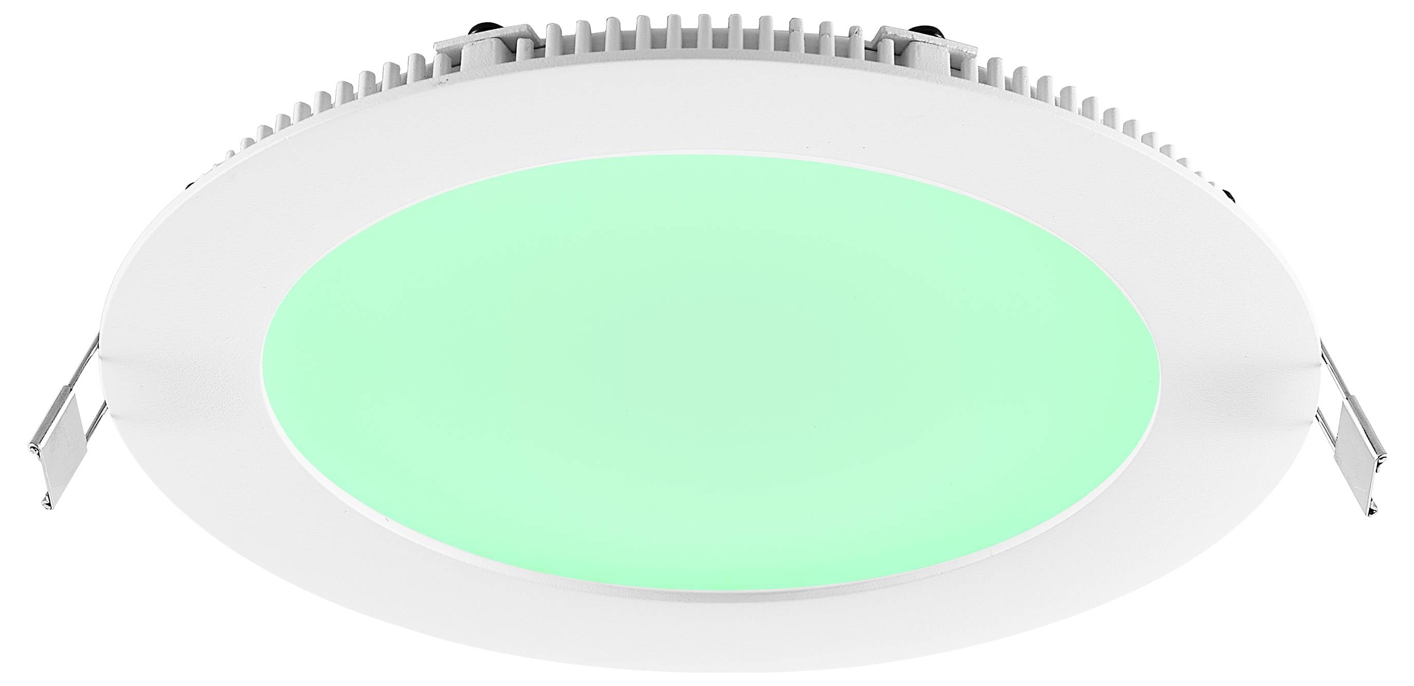 Rundes, bündiges LED-Deckenflächenlicht mit leuchtendem grünem Mittelpunkt und weißer Einfassung.