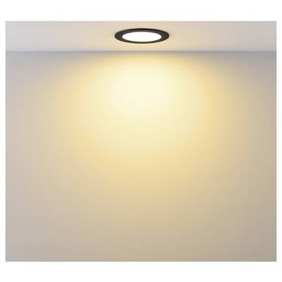 Leere Wand, die von einem Deckenspot beleuchtet wird und einen warmen, kreisförmigen Glanz erzeugt.
