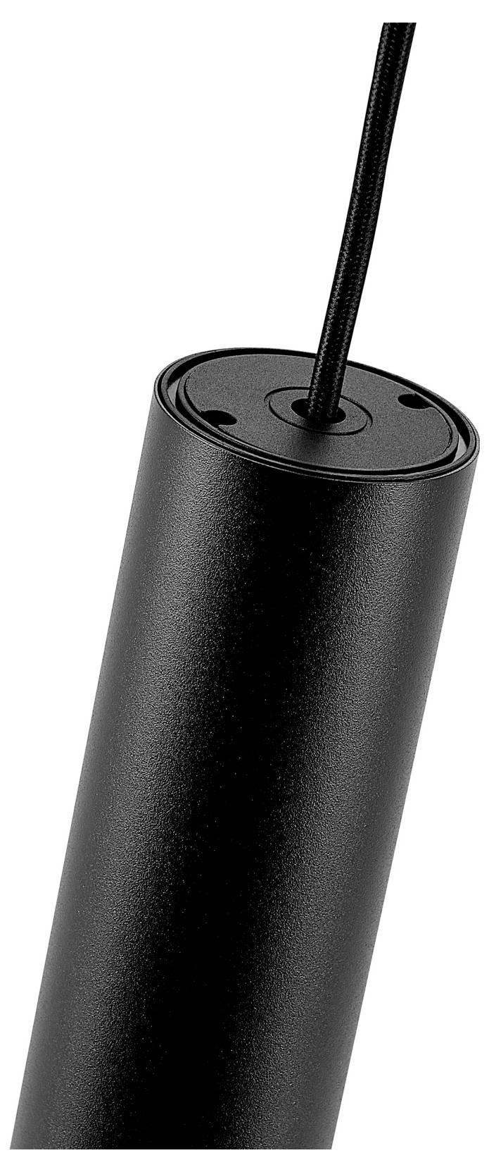 Nahaufnahme eines schwarzen zylindrischen Geräts bzw. Lampengehäuses, aus dessen Oberseite ein Netzkabel austritt.