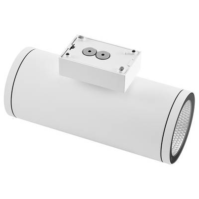 Nahaufnahme eines weißen wandmontierten Sensors oder einer Befestigung, die an einer gekrümmten weißen Oberfläche angebracht ist und unter einem Winkel dargestellt wird.