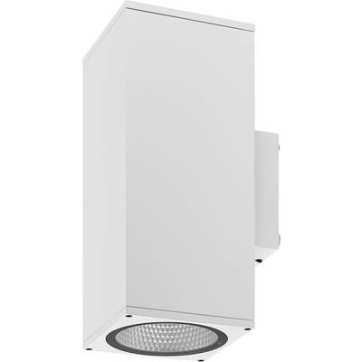 Weiße rechteckige Außenwandleuchte mit einem kreisförmigen LED-Panel auf der Unterseite.