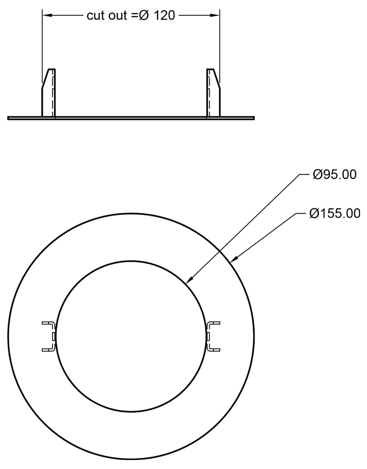 Technische Zeichnung einer runden Einbauleuchten-Aussparung: 120 mm Ausschnitt, 95 mm Innendurchmesser, 155 mm Außendurchmesser.