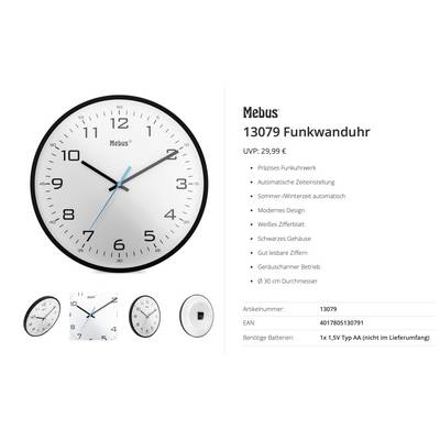 Produktliste für eine Mebus 13079 Analog-Funkwanduhr mit weißem Ziffernblatt, schwarzem Gehäuse und blauem Sekundenzeiger mit Preis und Funktionen.