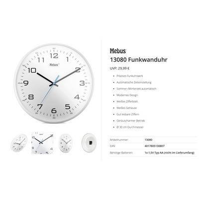 Produktauflistung für eine Mebus 13080 Analog-Funkwanduhr mit weißem Zifferblatt, schwarzen Ziffern, silbernem Gehäuse und blauem Sekundenzeiger; Funktionen und Preis werden angezeigt.