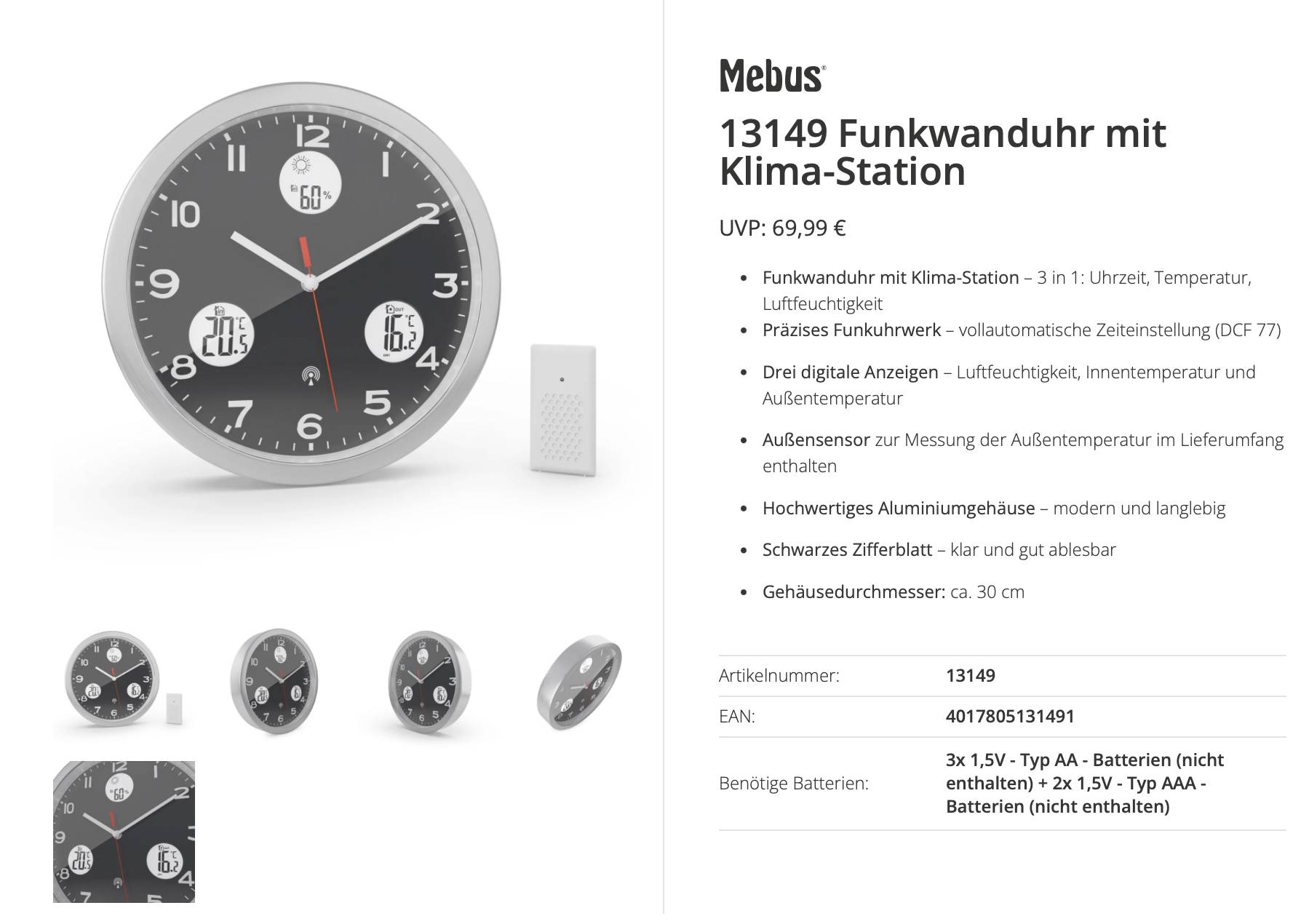 Produktlisting für „Mebus 13149 Funkwanduhr mit Klima-Station": Eine runde schwarze Wanduhr mit digitaler Anzeige für Temperatur, Luftfeuchtigkeit und Datum, sowie ein Sensor und Produktdetails.