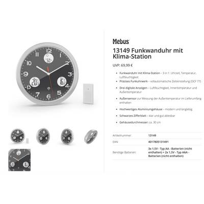 Produktlisting für „Mebus 13149 Funkwanduhr mit Klima-Station": Eine runde schwarze Wanduhr mit digitaler Anzeige für Temperatur, Luftfeuchtigkeit und Datum, sowie ein Sensor und Produktdetails.