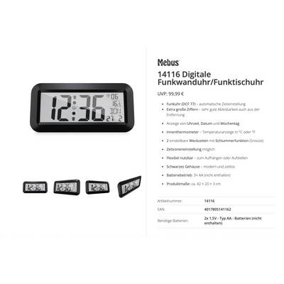 Produktabbildung eines Mebus 14116 Digitalweckers mit Funkuhr und großem LCD-Display, das die Uhrzeit, das Datum, den Wochentag und die Innentemperatur anzeigt.