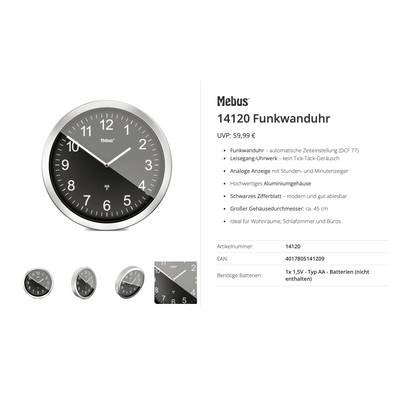 Produktliste für Mebus 14120 funkgesteuerte Wanduhr, analog mit Minutenmarkierungen und schwarzem Zifferblatt, Durchmesser 45 cm, zum Preis von UVP 59,99 EUR.