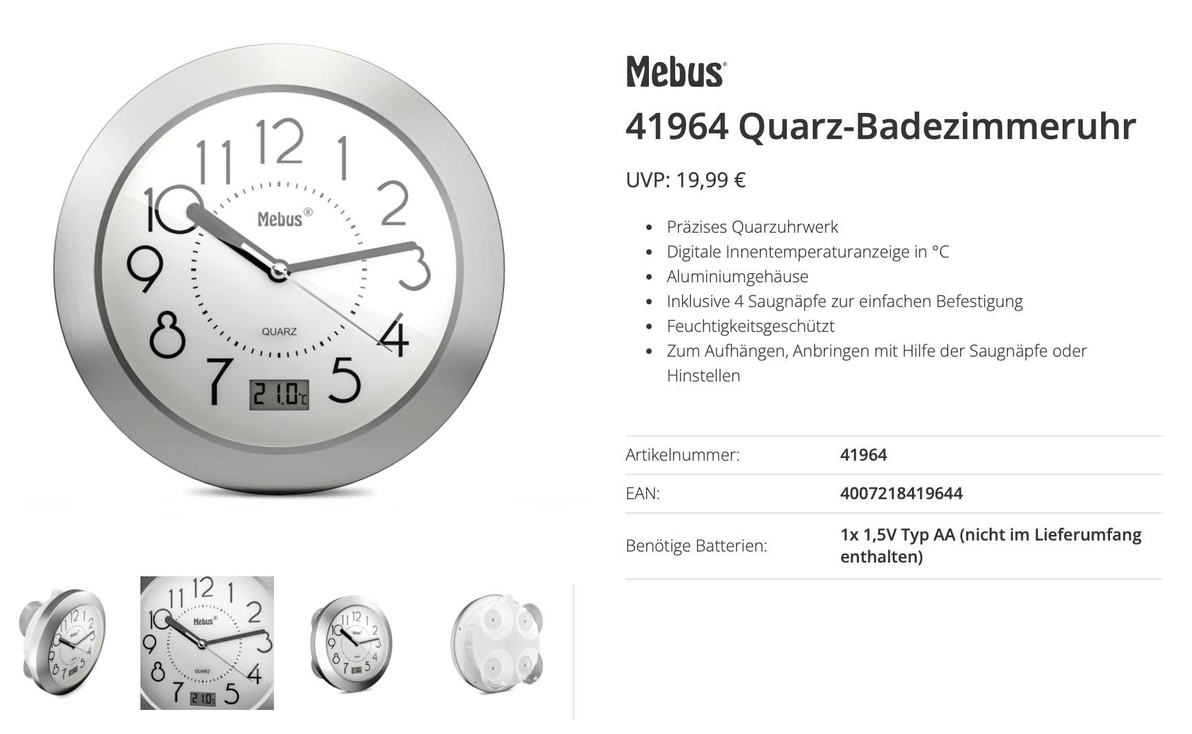 Mebus 41964 Quartz-Badezimmeruhr, runde silberfarbene analoge Wanduhr mit Temperaturanzeige und Saugnapfmontage; Produktdetails und Preis werden angezeigt.