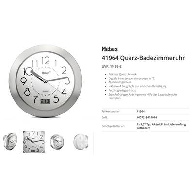 Mebus 41964 Quartz-Badezimmeruhr, runde silberfarbene analoge Wanduhr mit Temperaturanzeige und Saugnapfmontage; Produktdetails und Preis werden angezeigt.