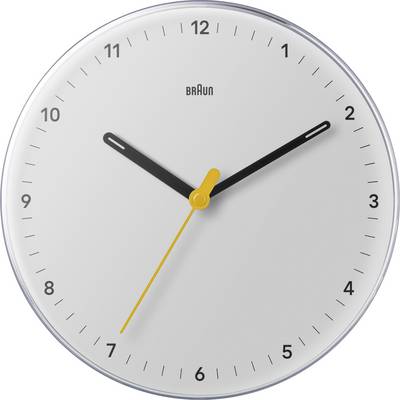 Analoge Braun-Wanduhr, zeigt etwa 10:10, mit gelbem Sekundenzeiger in der Nähe von 7.