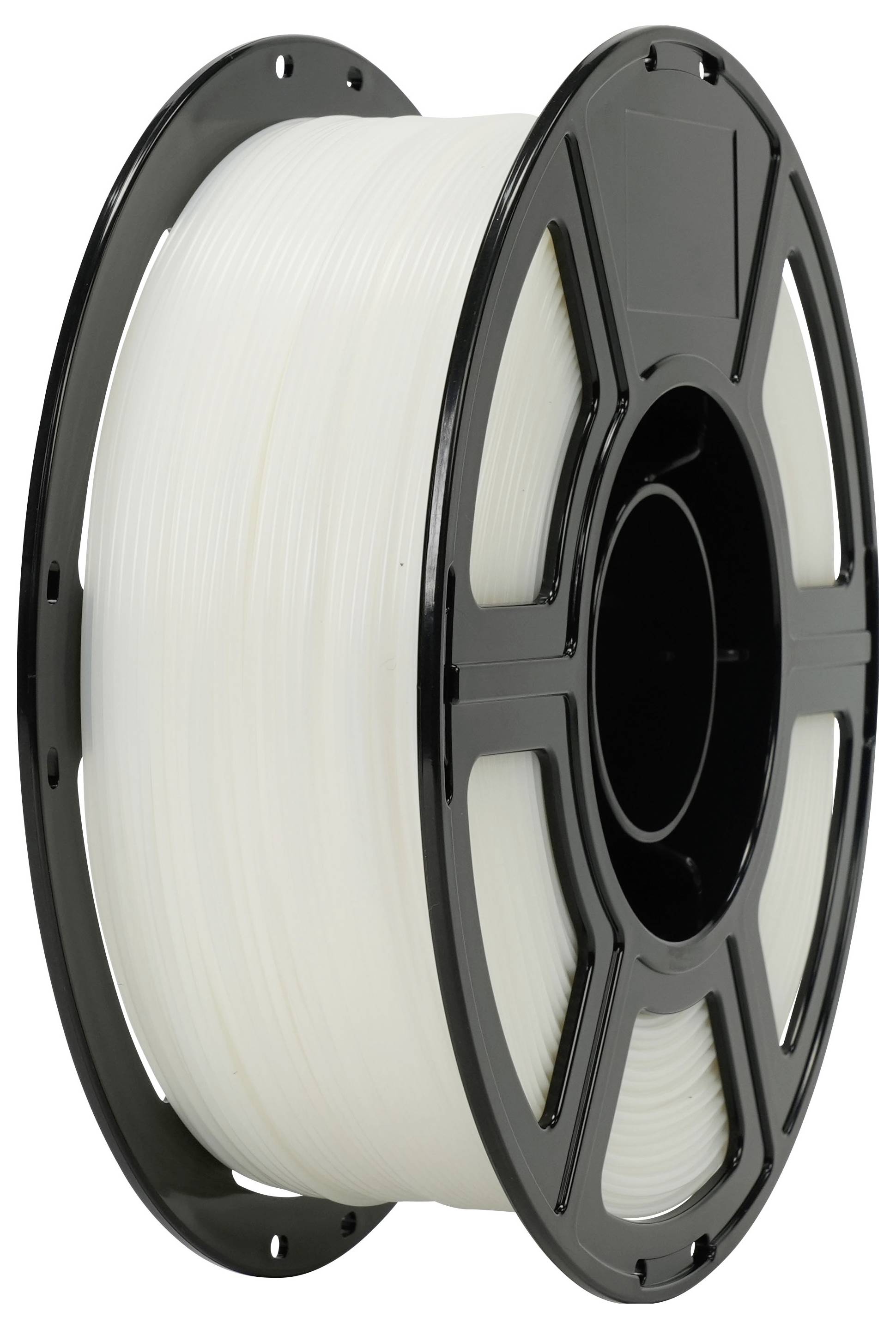 Spule mit weißem 3D-Druckfilament auf einer schwarzen Spule.