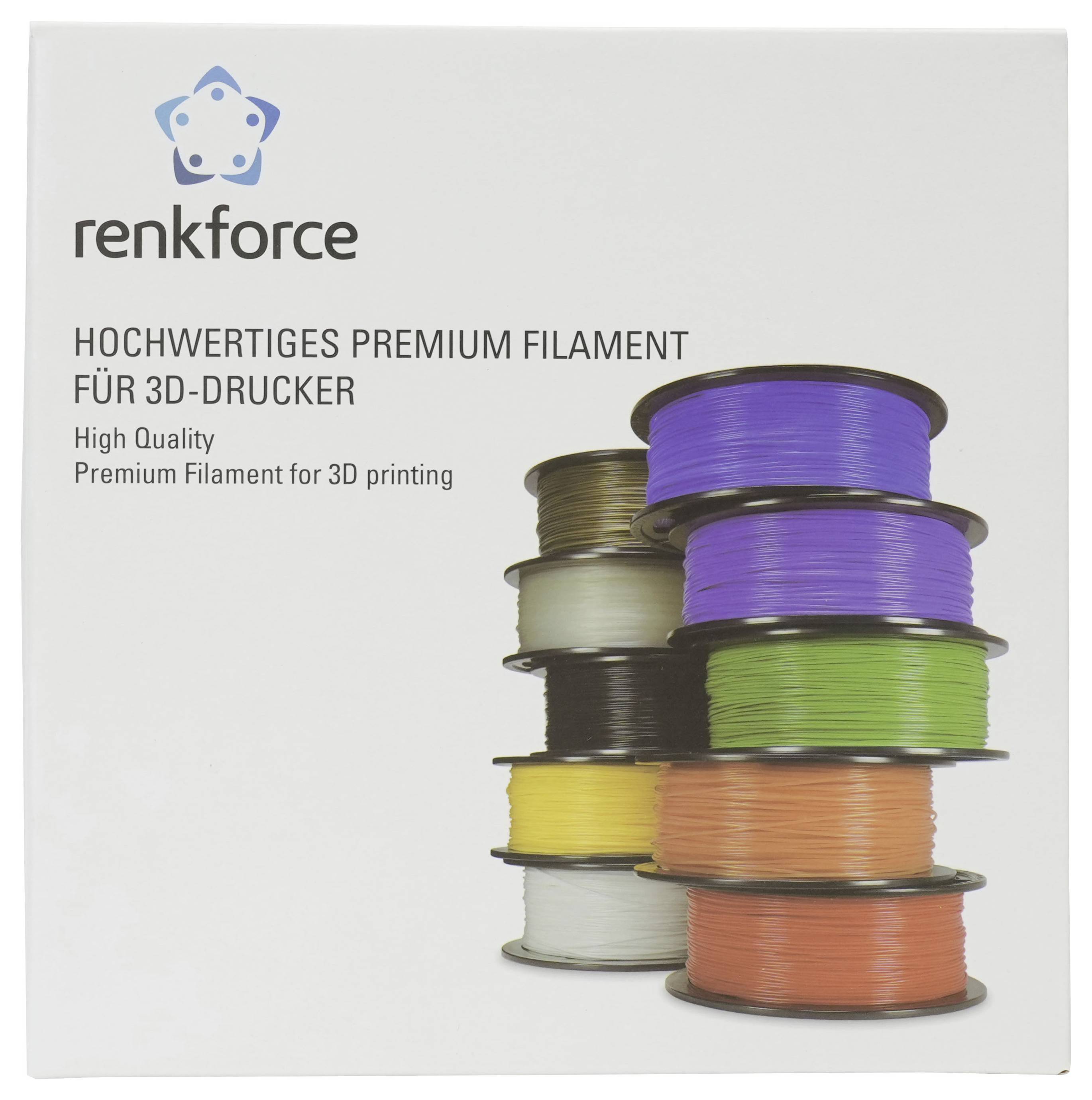 Renkforce Premium 3D-Drucker-Filament-Verpackung mit gestapelten Spulen in mehreren Farben und dem Text „Hochwertiges Premium Filament für 3D-Drucker".