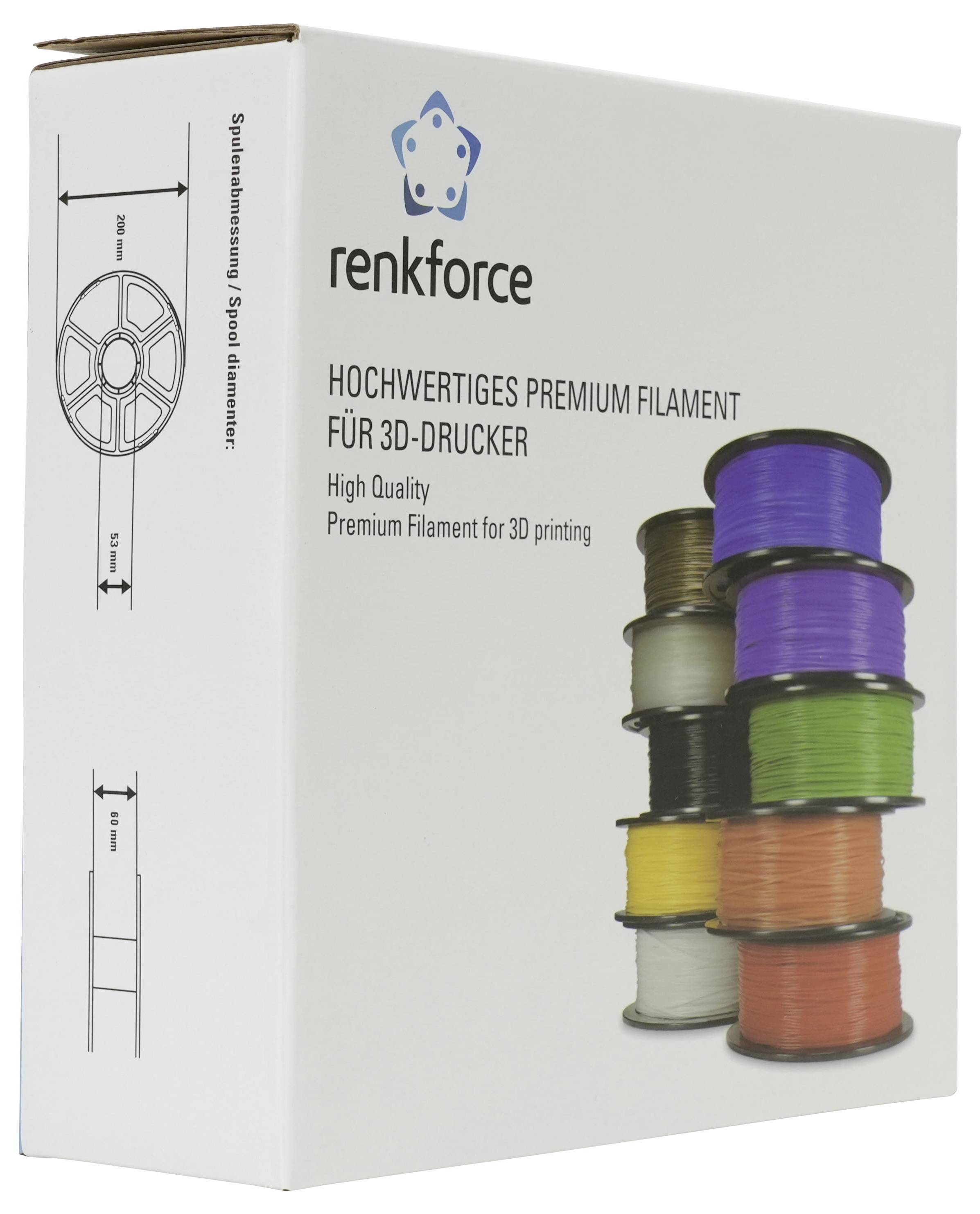 Renkforce Premium-Filamentbox für 3D-Drucker mit gestapelten farbigen Filamentspulen und deutschem Text „Hochwertiges Premium Filament für 3D-Drucker".