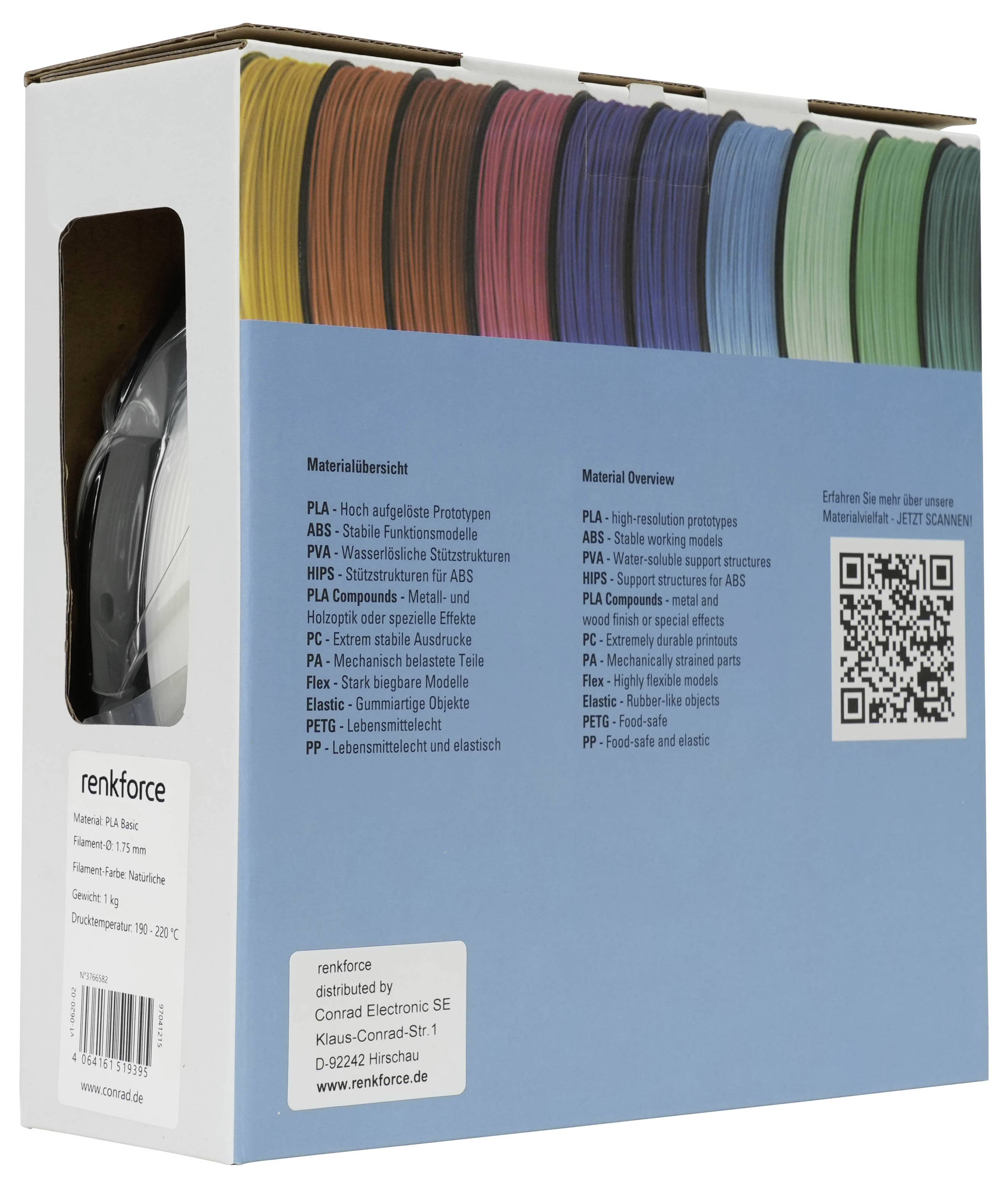 Schachtel mit renkforce 3D-Druckerfaden-Musterproben mit mehrfarbigen Spulen, Materialübersichtstext und einem QR-Code.