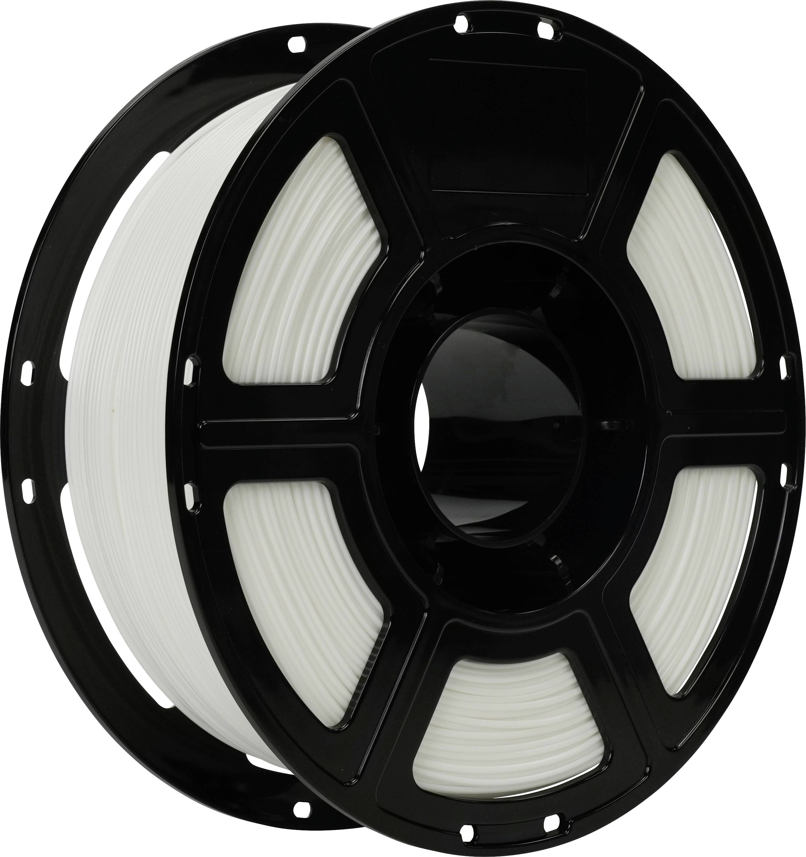 Schwarze Spule mit weißem Filament für einen 3D-Drucker, in Nahaufnahme auf weißem Hintergrund gezeigt.