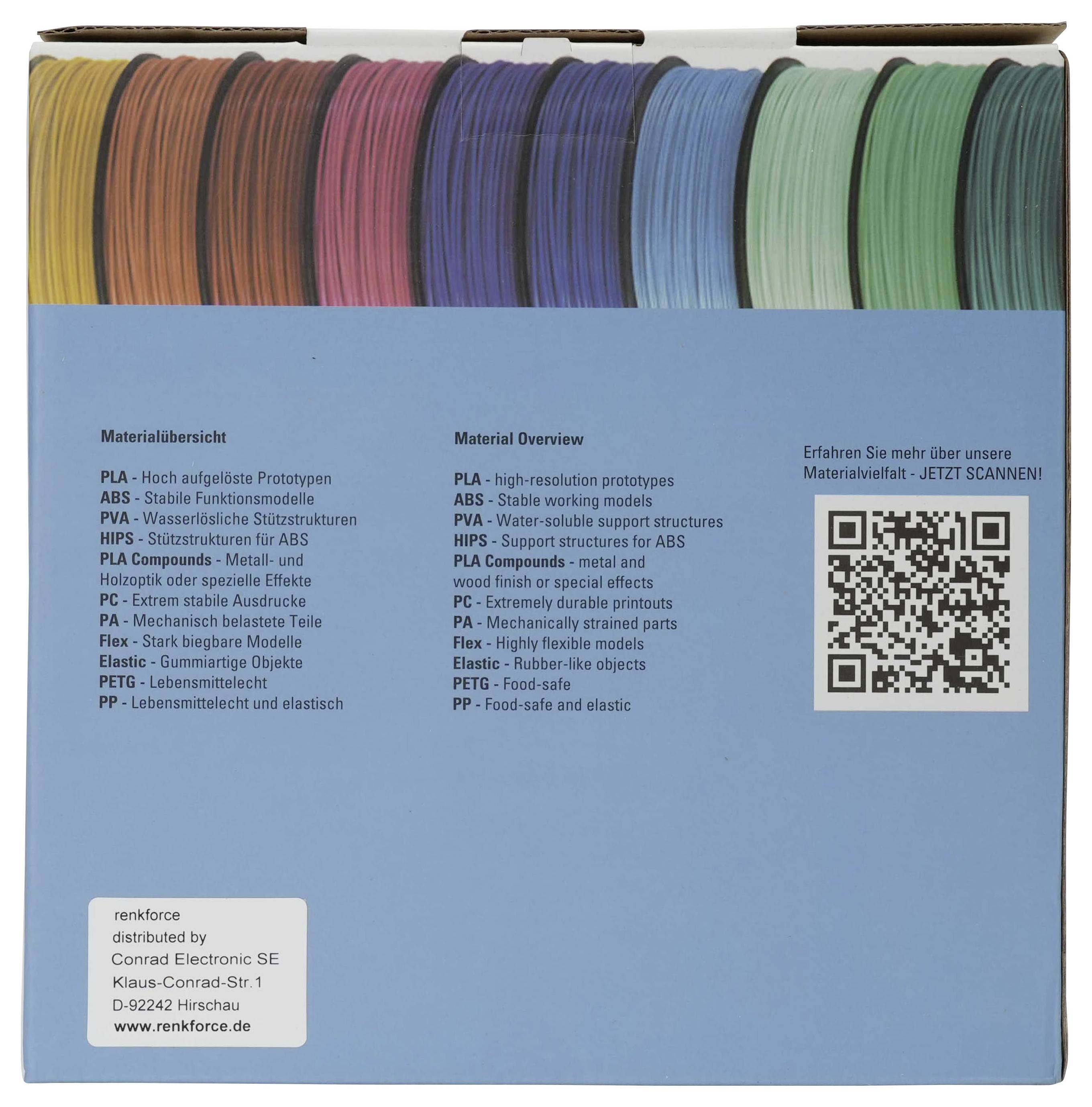Blaue 3D-Drucker-Filament-Anzeigeschachtung mit Farbmustern oben, Materialliste in Englisch und Deutsch und QR-Code rechts.