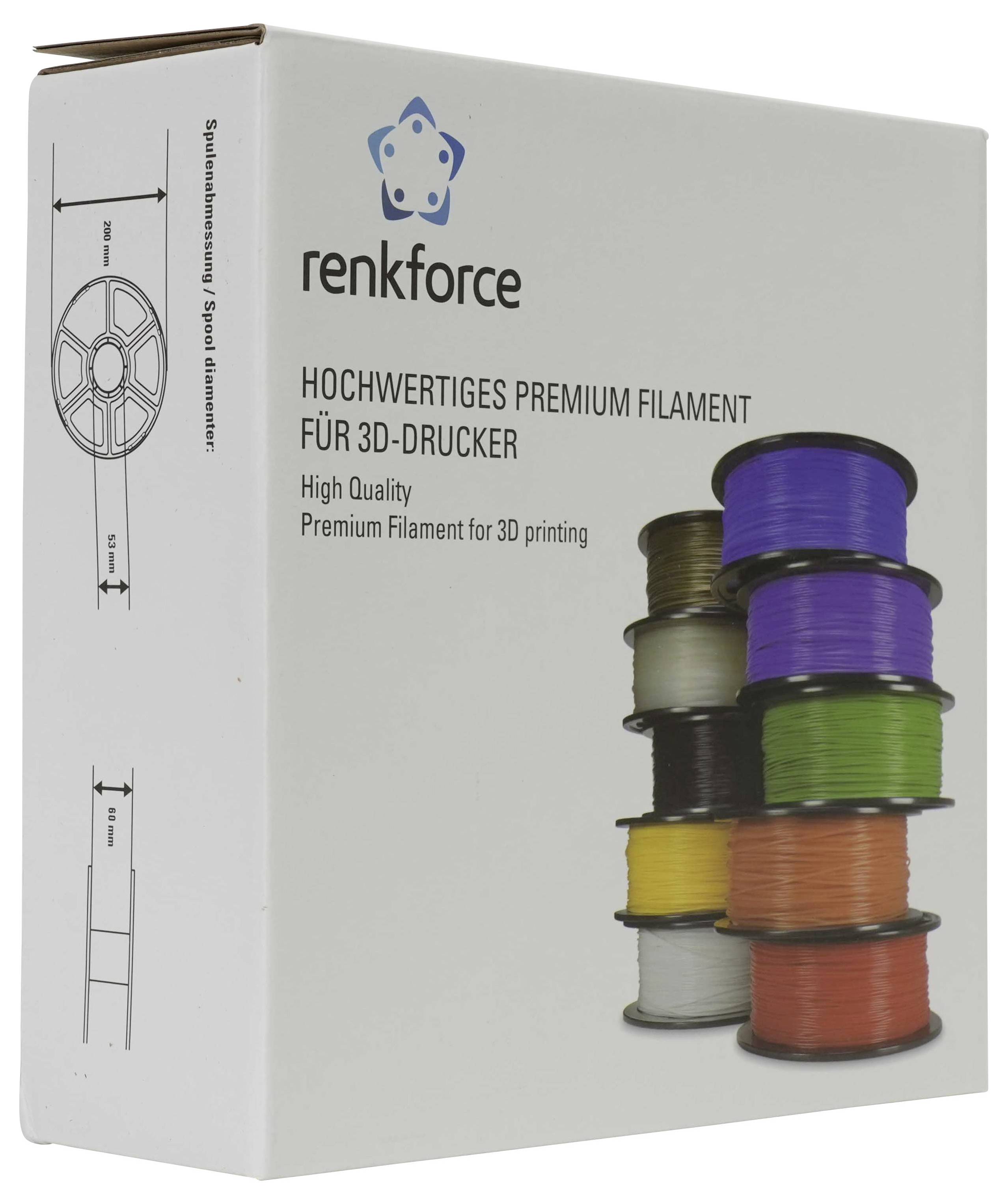 Schachtel mit Renkforce 3D-Druckfilament mit der Aufschrift „Hochwertiges Premium Filament für 3D-Drucker", mit gestapelten Spulen auf der Vorderseite abgebildet.