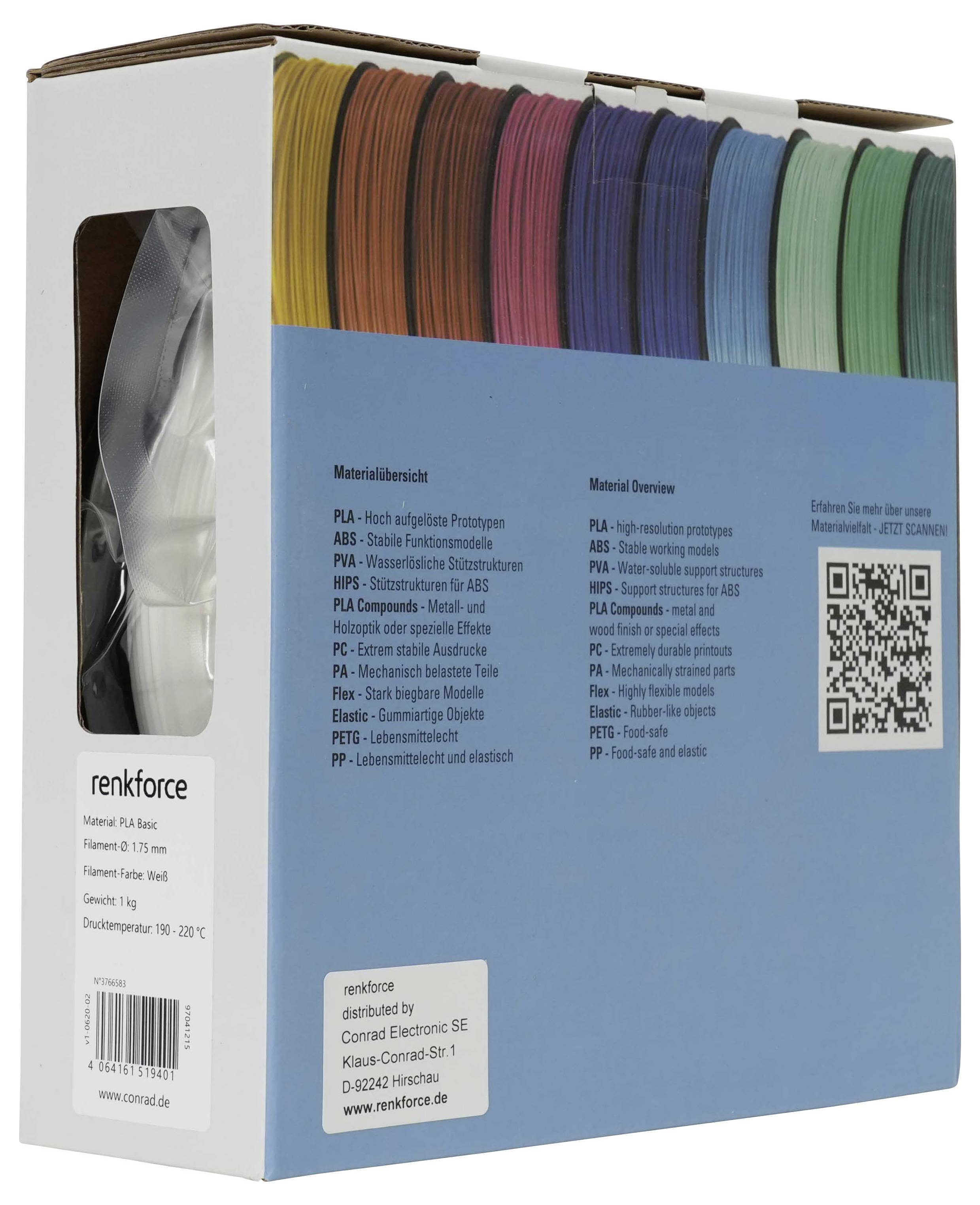 Karton mit Renforce-3D-Druckerfilament-Mustern mit sichtbaren farbigen Spulen oben und einem QR-Code auf der Vorderseite.