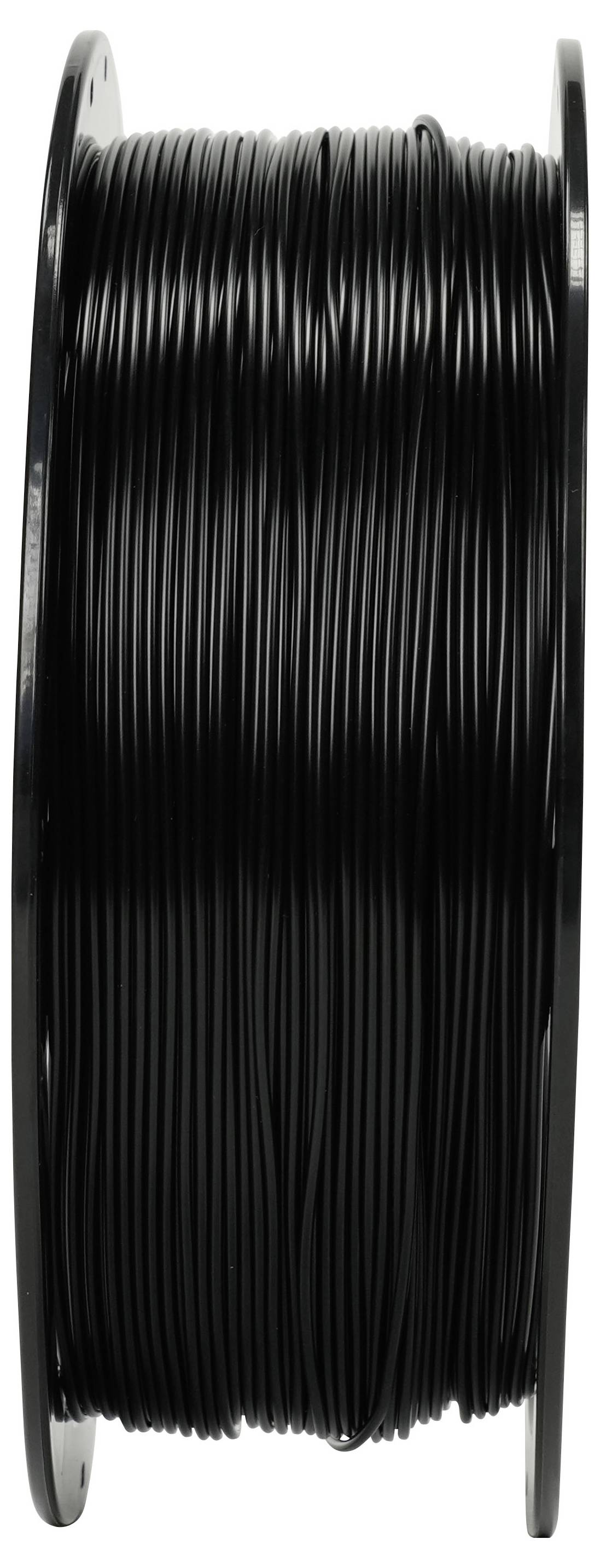 Schwarze Filament- oder Drahtspule auf einer Rolle, vertikal vor weißem Hintergrund dargestellt.