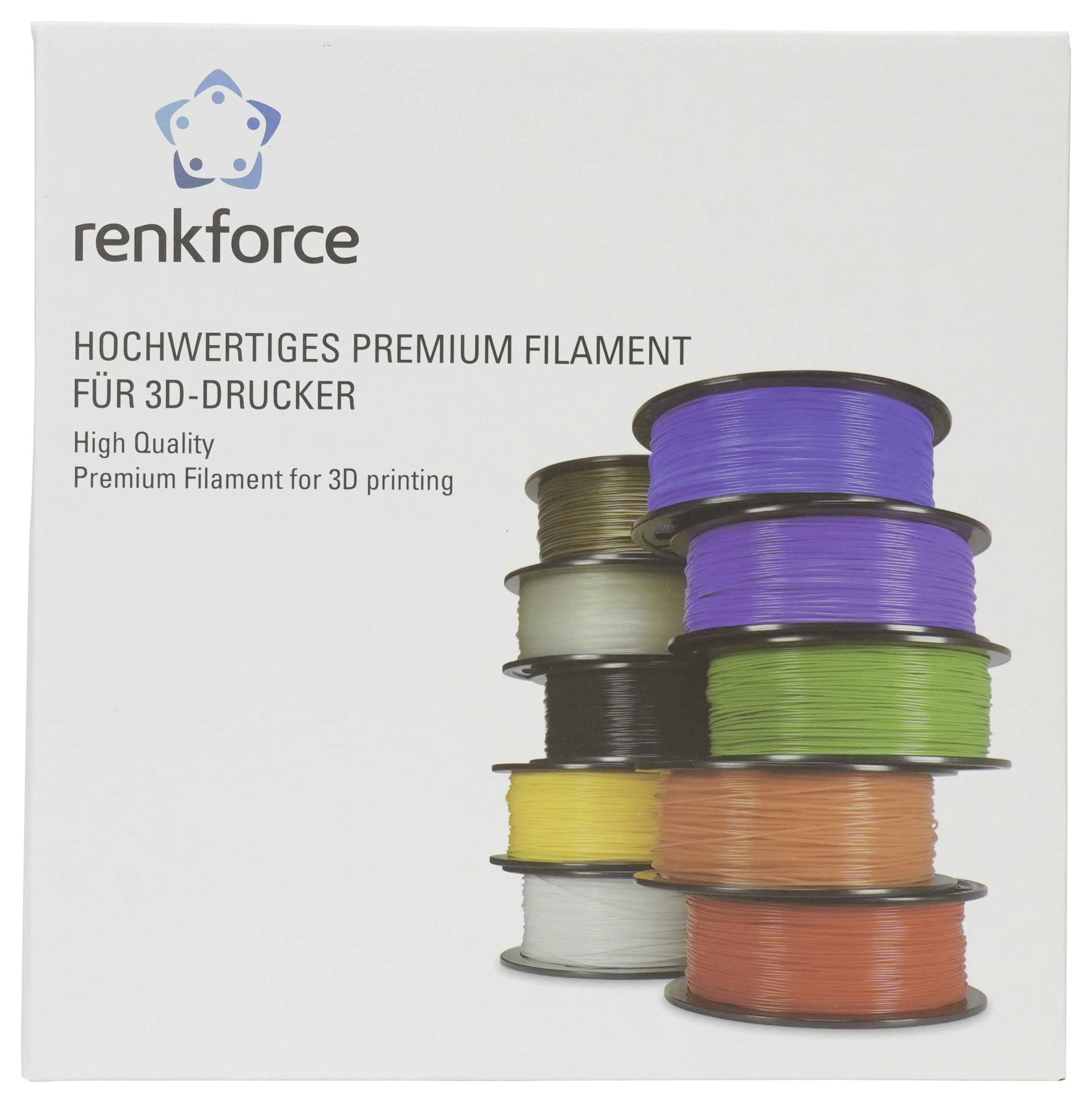Renkforce Premium-3D-Drucker-Filament-Verpackung mit gestapelten Spulen in Lila, Grün, Orange, Gelb, Schwarz, Weiß und Braun.