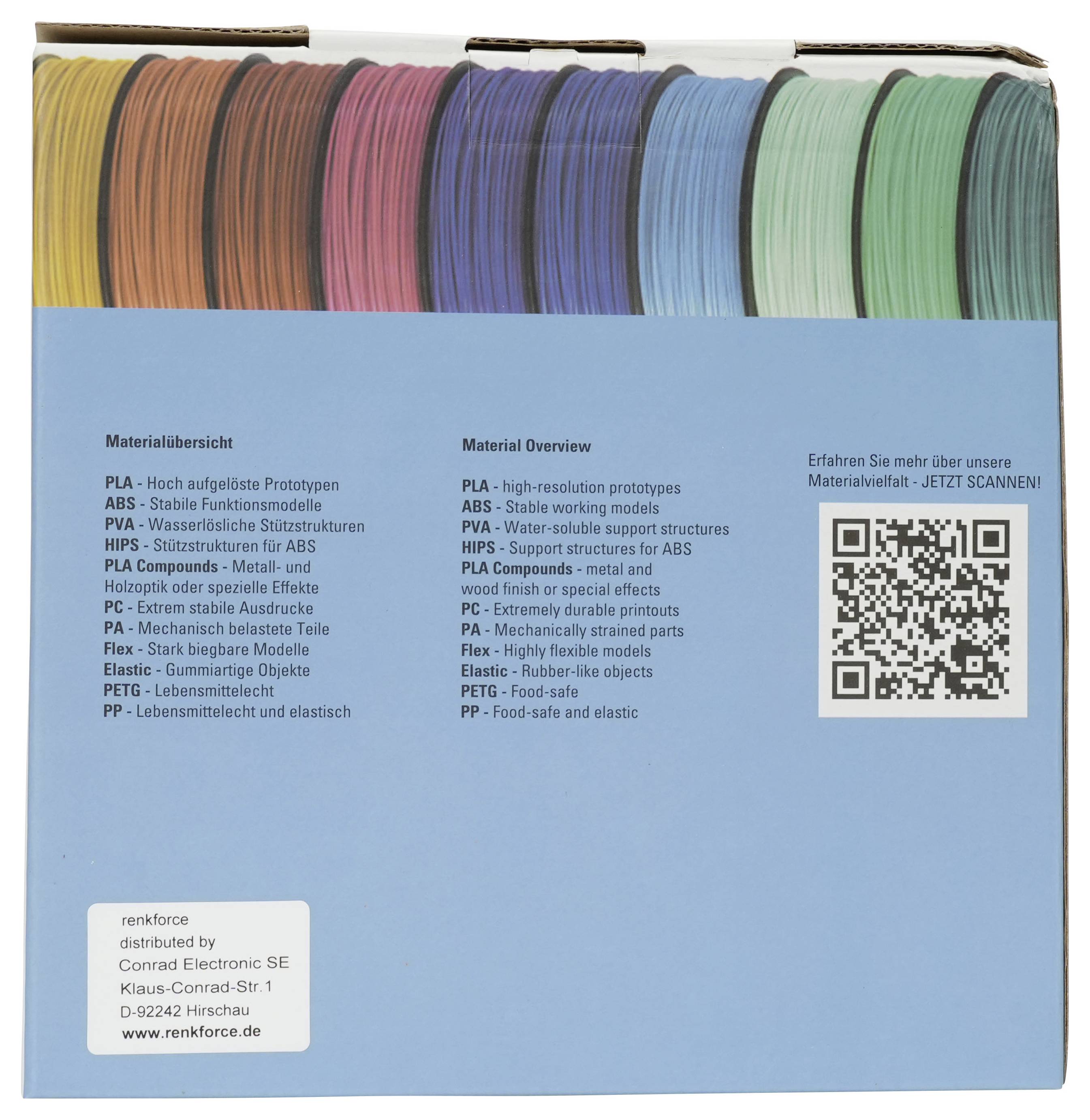 Blauer Produktkarton mit bunten 3D-Druck-Filamentspulen oben, eine Materialübersichtsliste in Deutsch und Englisch, und ein QR-Code, der zu einem Materielvideo verlinkt.