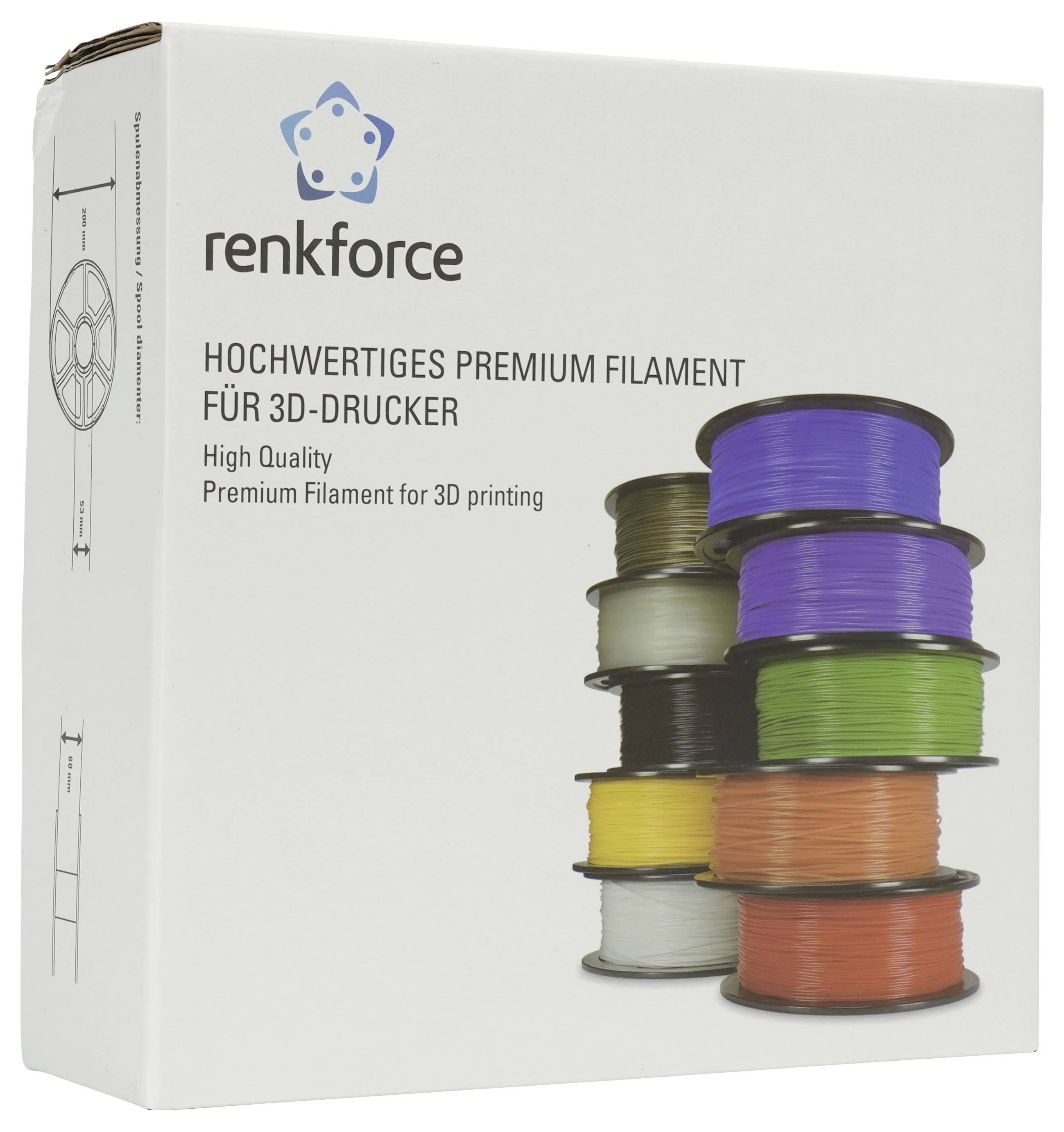 Karton mit renkforce Premium 3D-Druckerfilament, beschriftet in Deutsch und Englisch, mit gestapelten Spulen in mehreren Farben auf der Vorderseite.