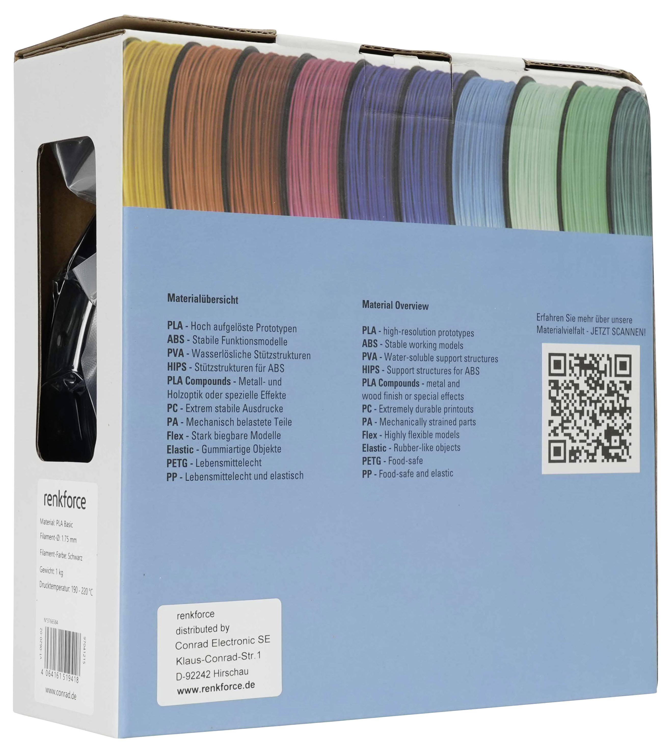 Eine Renforce 3D-Druckfilament-Box mit einem Regenbogen-Filamentmuster, Materialien in Deutsch und Englisch aufgelistet, und ein QR-Code auf einem blauen Frontpanel.
