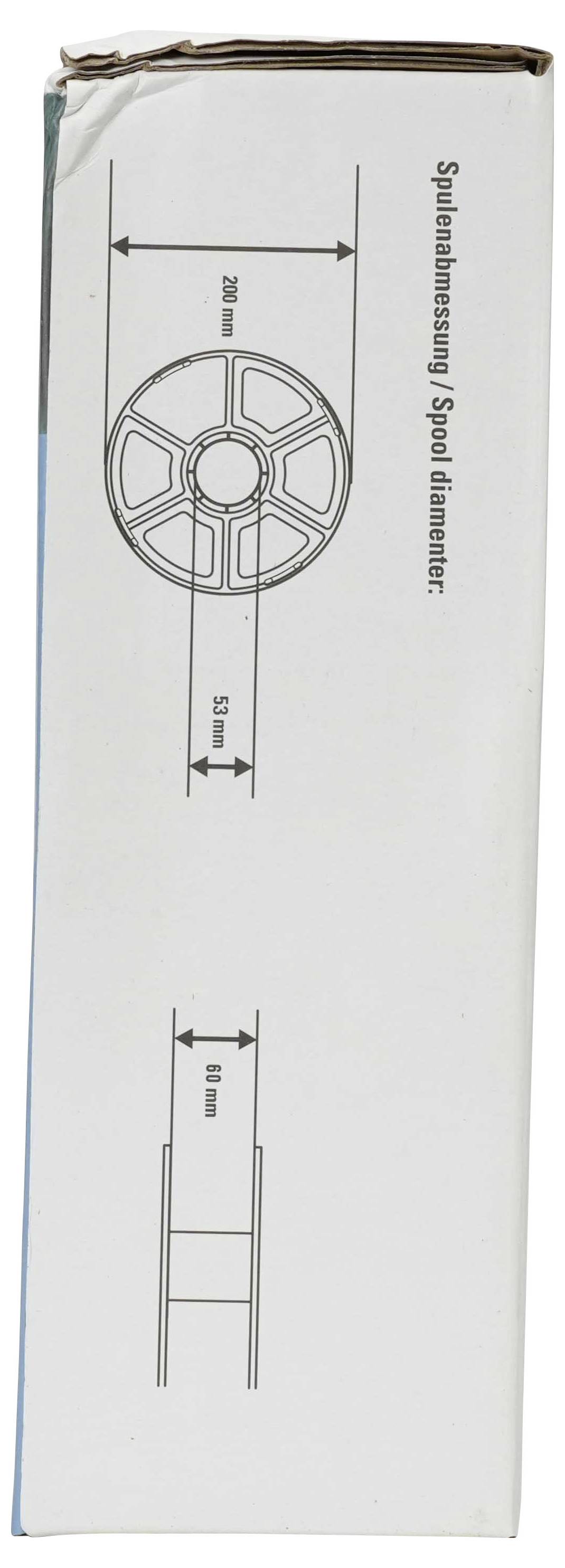 Verpackungskarton-Diagramm mit einer Spule mit Abmessungen: „Spulenabmessung / Spulendurchmesser" 260 mm, Höhe 83 mm und Breite 90 mm.