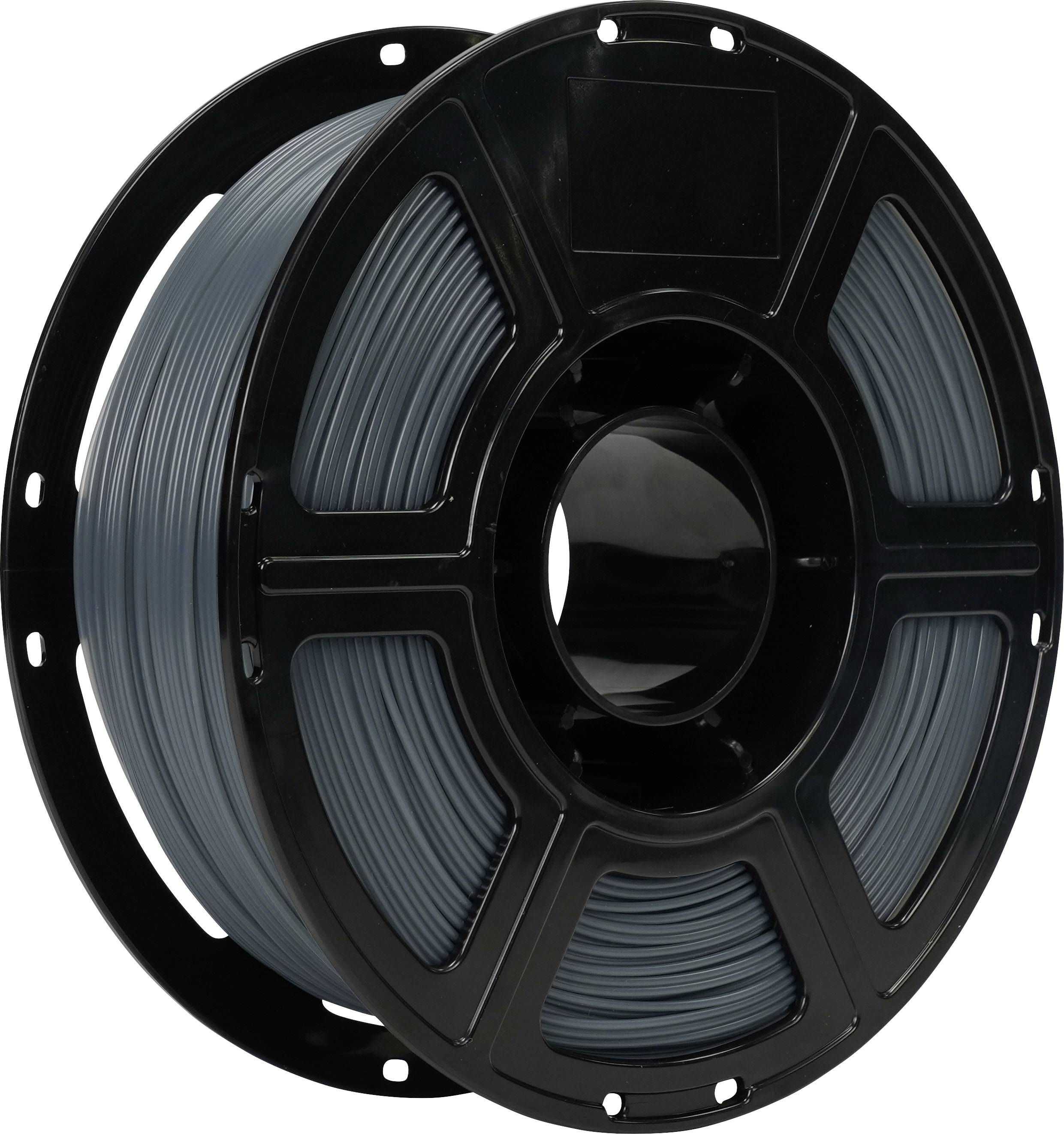 Schwarze Spule aus grauem 3D-Druckfilament auf weißem Hintergrund