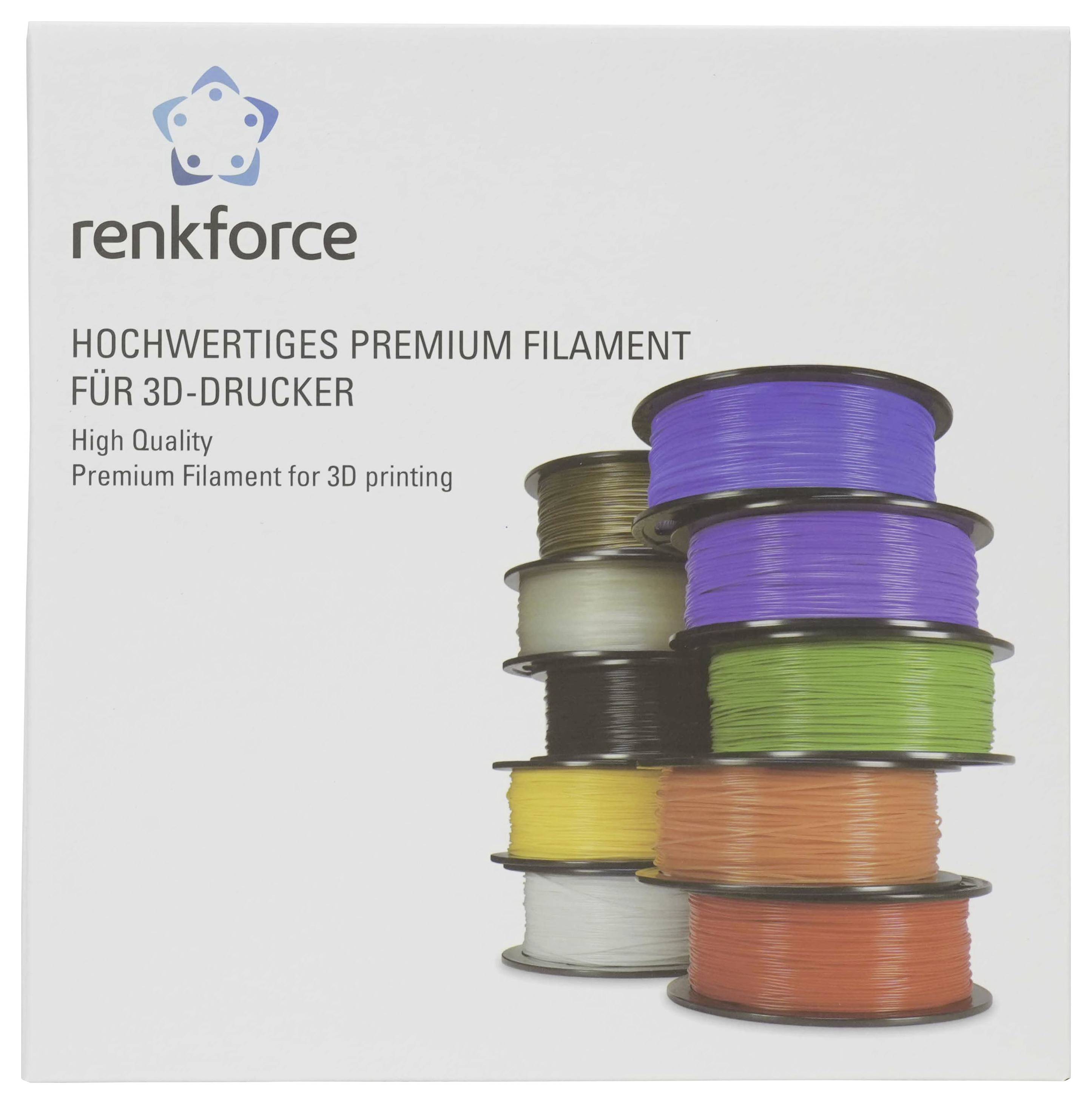 Renkforce Premium-3D-Druckerfilament-Verpackung mit gestapelten Spulen in mehreren Farben und dem Text "Hochwertiges Premium-Filament zum 3D-Drucken".