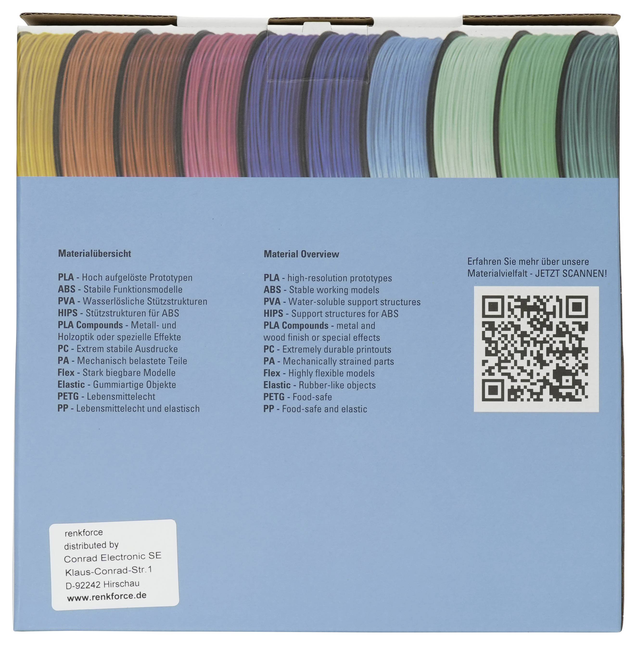 Blaue Schachtel mit sortierten farbigen 3D-Drucker-Filamentspulen mit einem QR-Code und Materialübersichtstext auf der Vorderseite.
