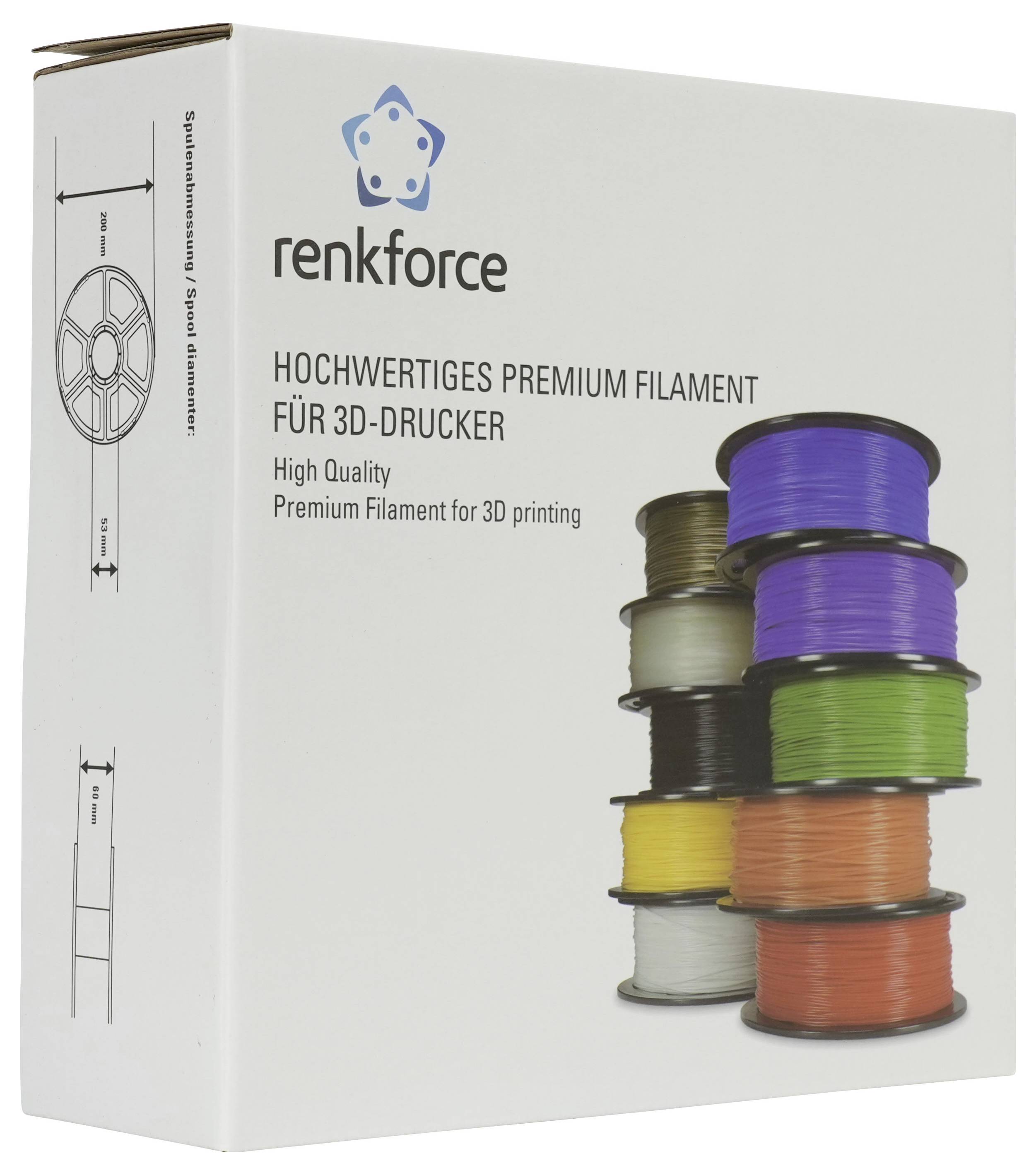 Renkforce Premium-3D-Druckerfilament-Box mit gestapelten Spulen in mehreren Farben und deutschem Text "Hochwertiges Premium-Filament für 3D-Drucker"