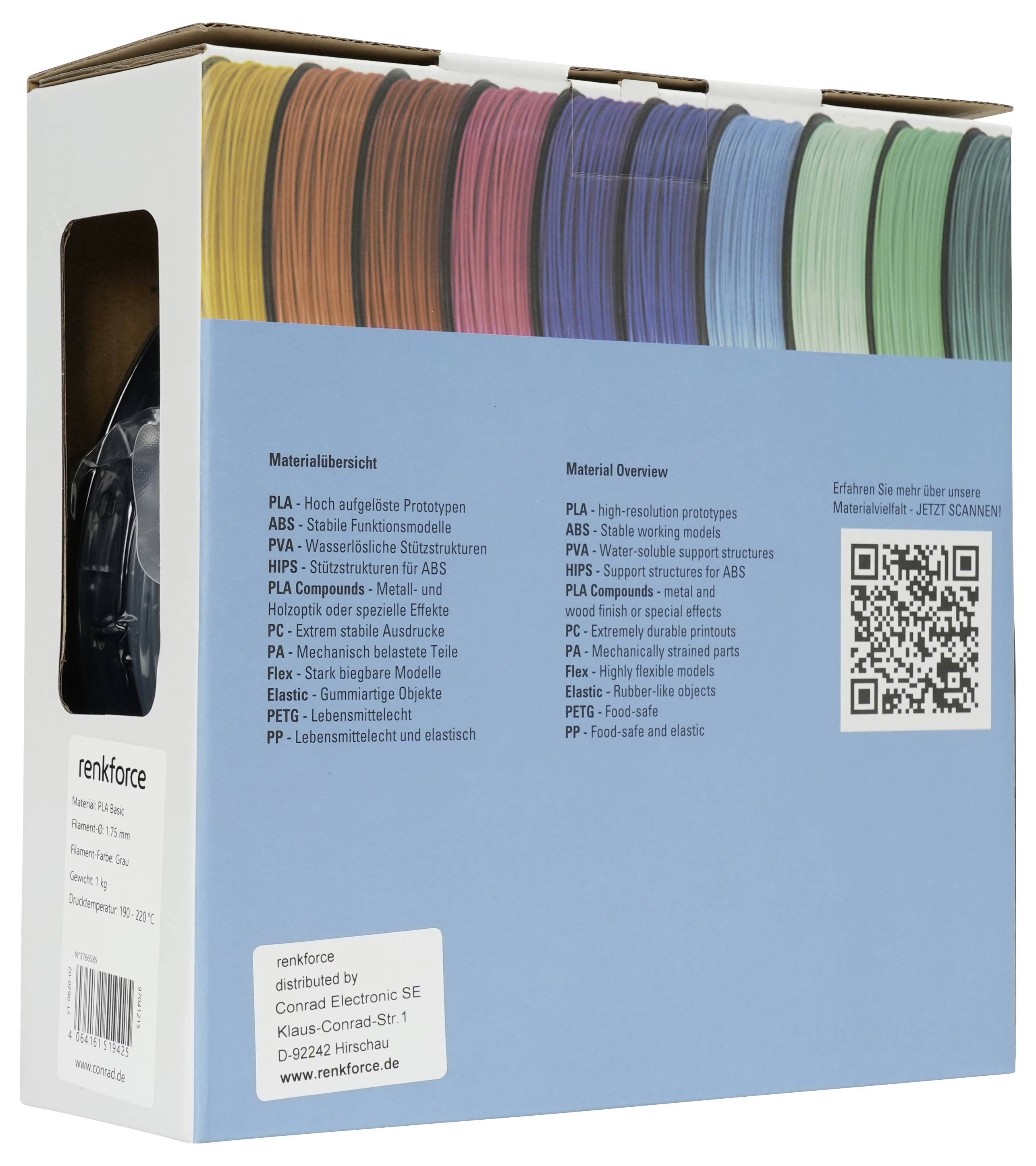 Einzelhandelsverpackung mit farbenfrohen 3D-Drucker-Filamentrollen, beschriftet mit Materialübersicht, QR-Code und Renkforce-Branding.