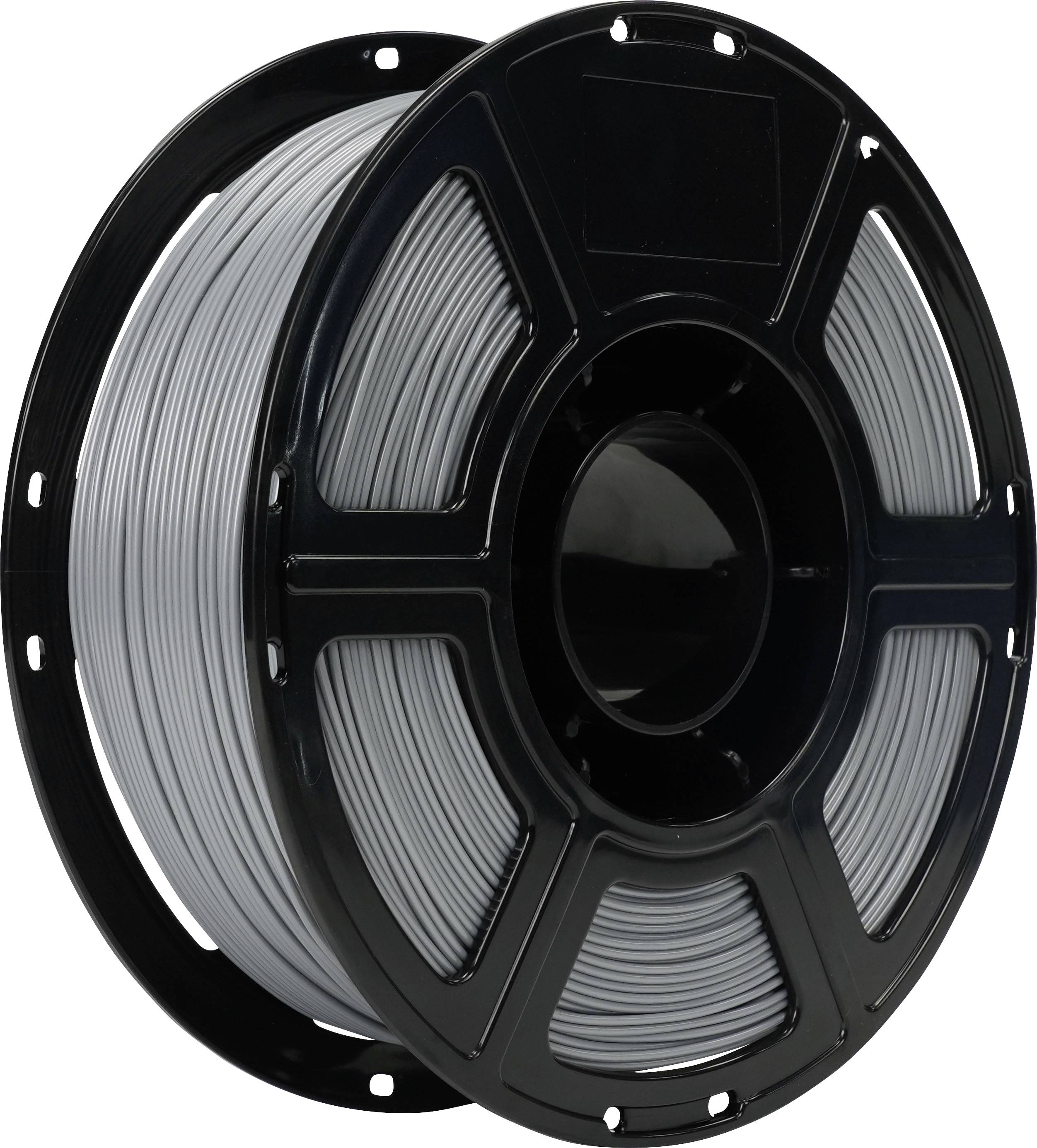 Eine schwarze Spule aus grauem 3D-Druckfilament auf weißem Hintergrund.