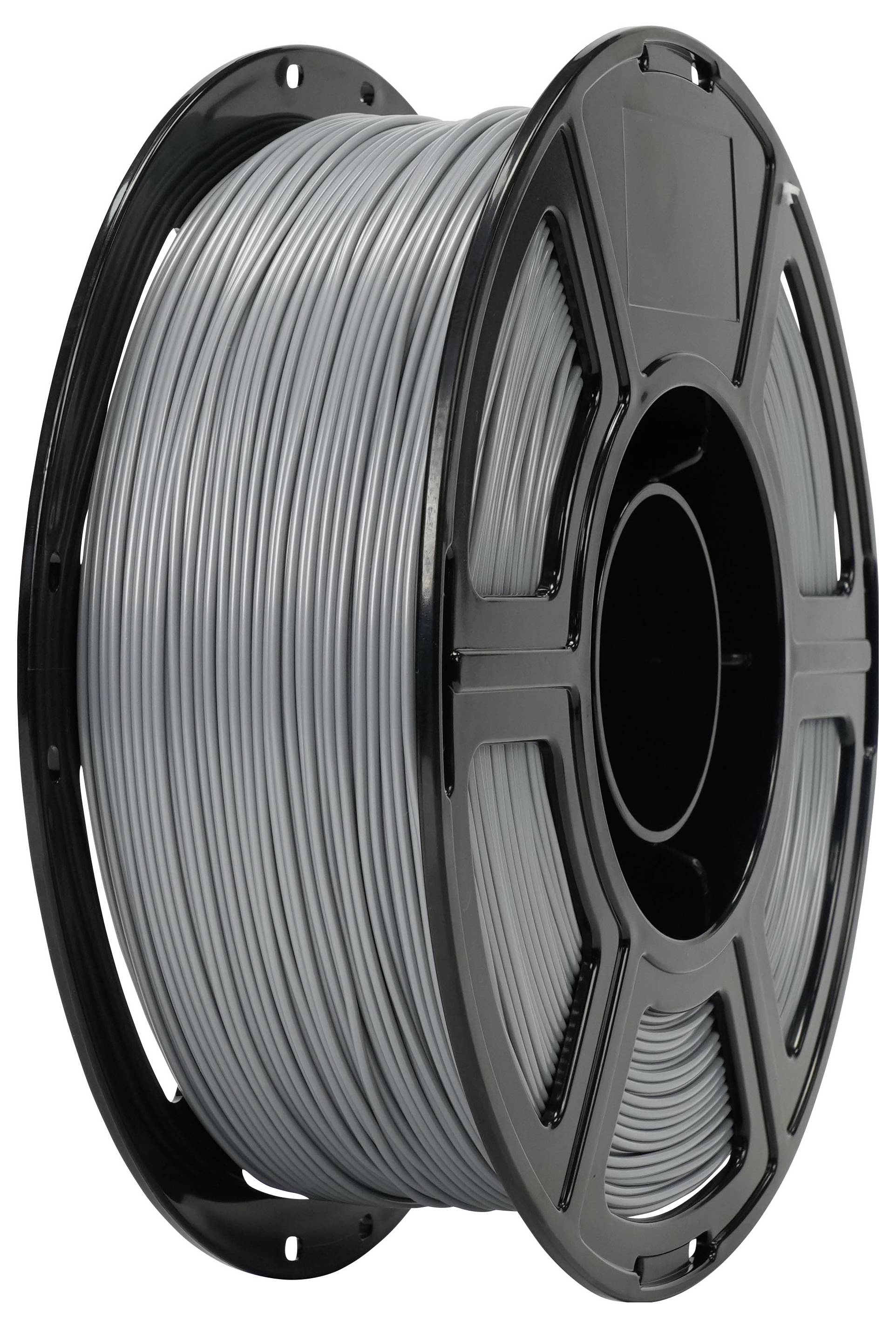 Spule graues 3D-Druckerfilament auf einer schwarzen Kunststoffspule aufgewickelt.