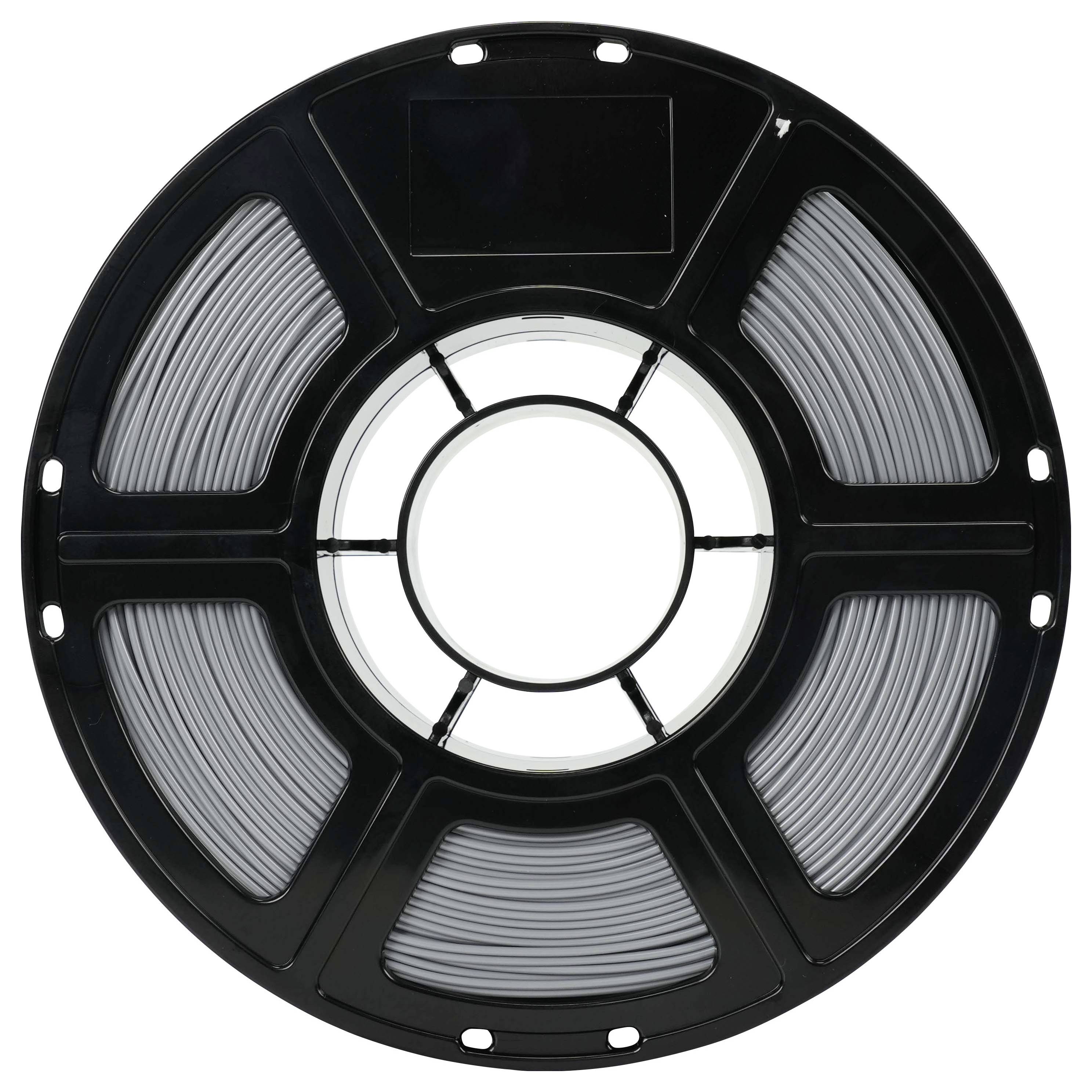 Schwarze Spule mit aufgewickeltem Filament oder Draht, von oben auf weißem Hintergrund betrachtet.