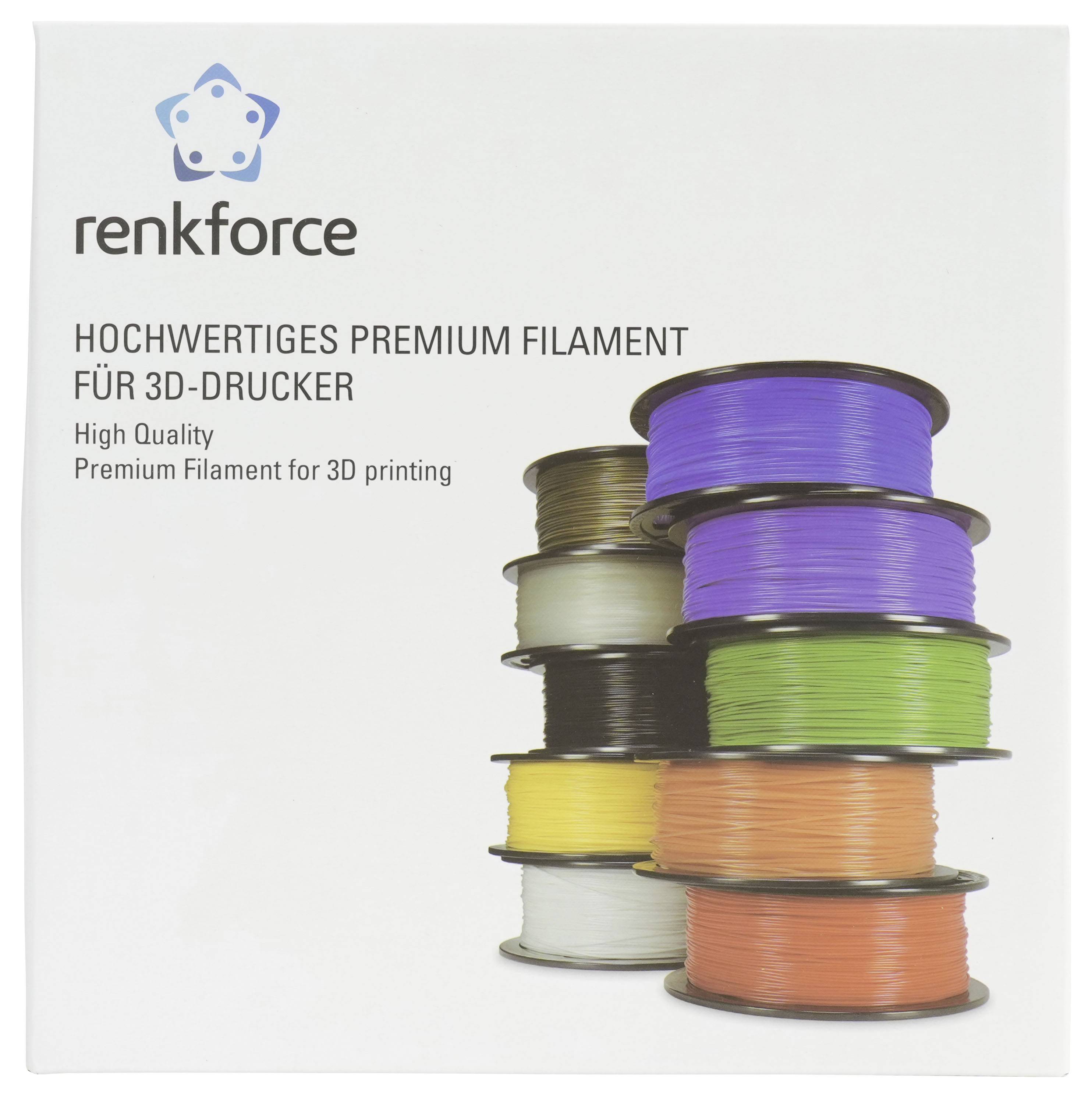 Renkforce 3D-Druckerfilament-Verpackung mit gestapelten Spulen in mehreren Farben und Text „HOCHWERTIGES PREMIUM FILAMENT FÜR 3D-DRUCKER".