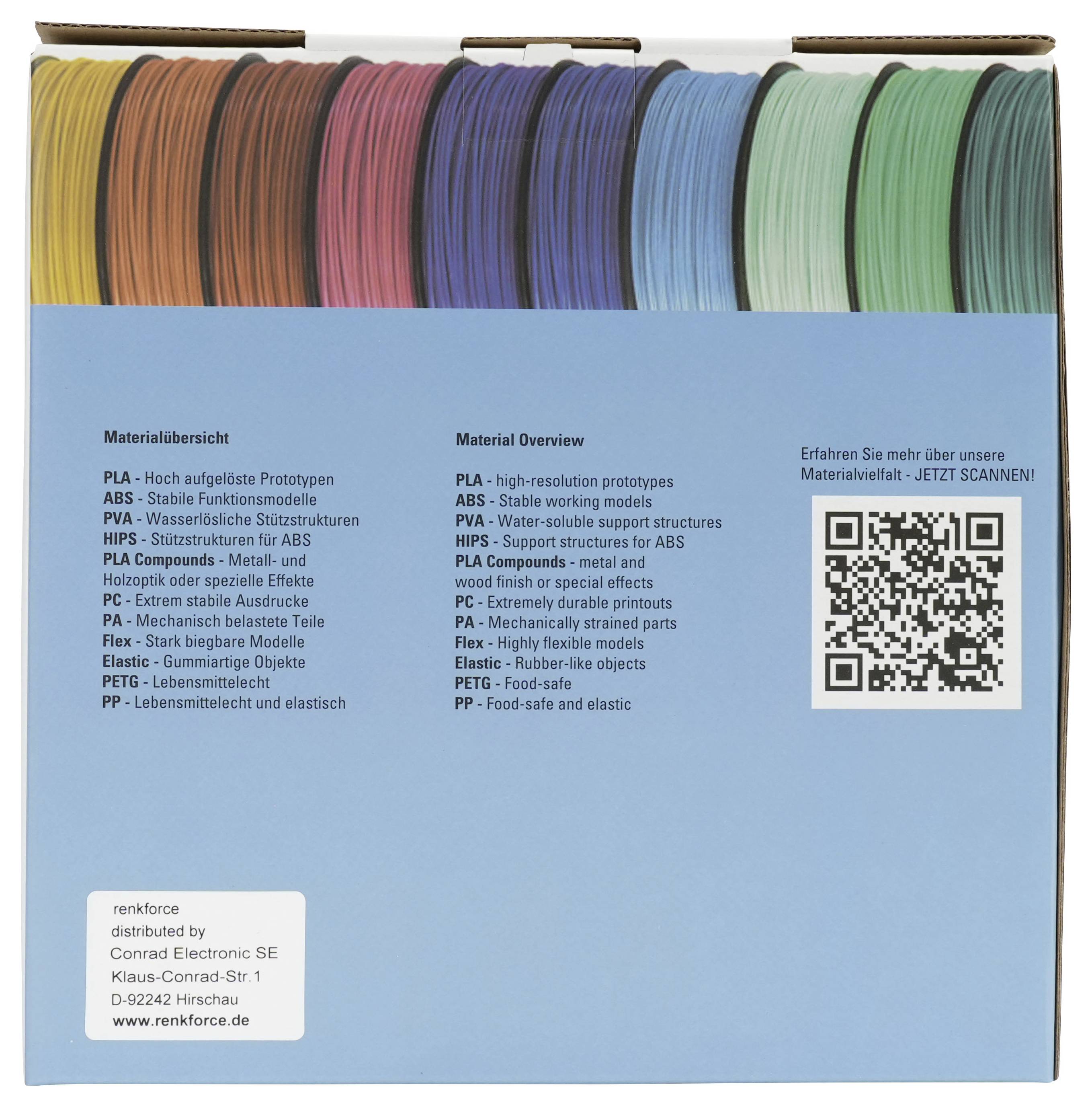 Blaue 3D-Drucker-Filament-Musterkarte mit mehrfarbigen Spulen oben, Materialübersicht auf Deutsch und Englisch sowie QR-Code für weitere Informationen.