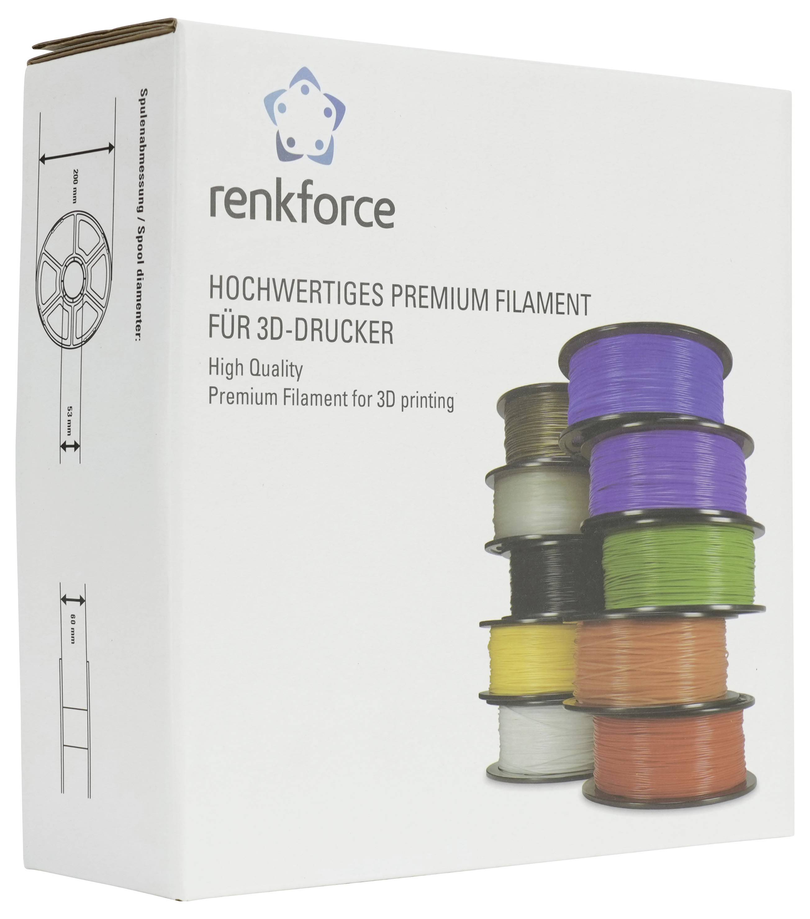 Kasten mit hochwertigem Premium-Filament der Marke Renkforce für 3D-Drucker, abgebildet mit gestapelten Spulen in mehreren Farben und deutschem Produkttext.