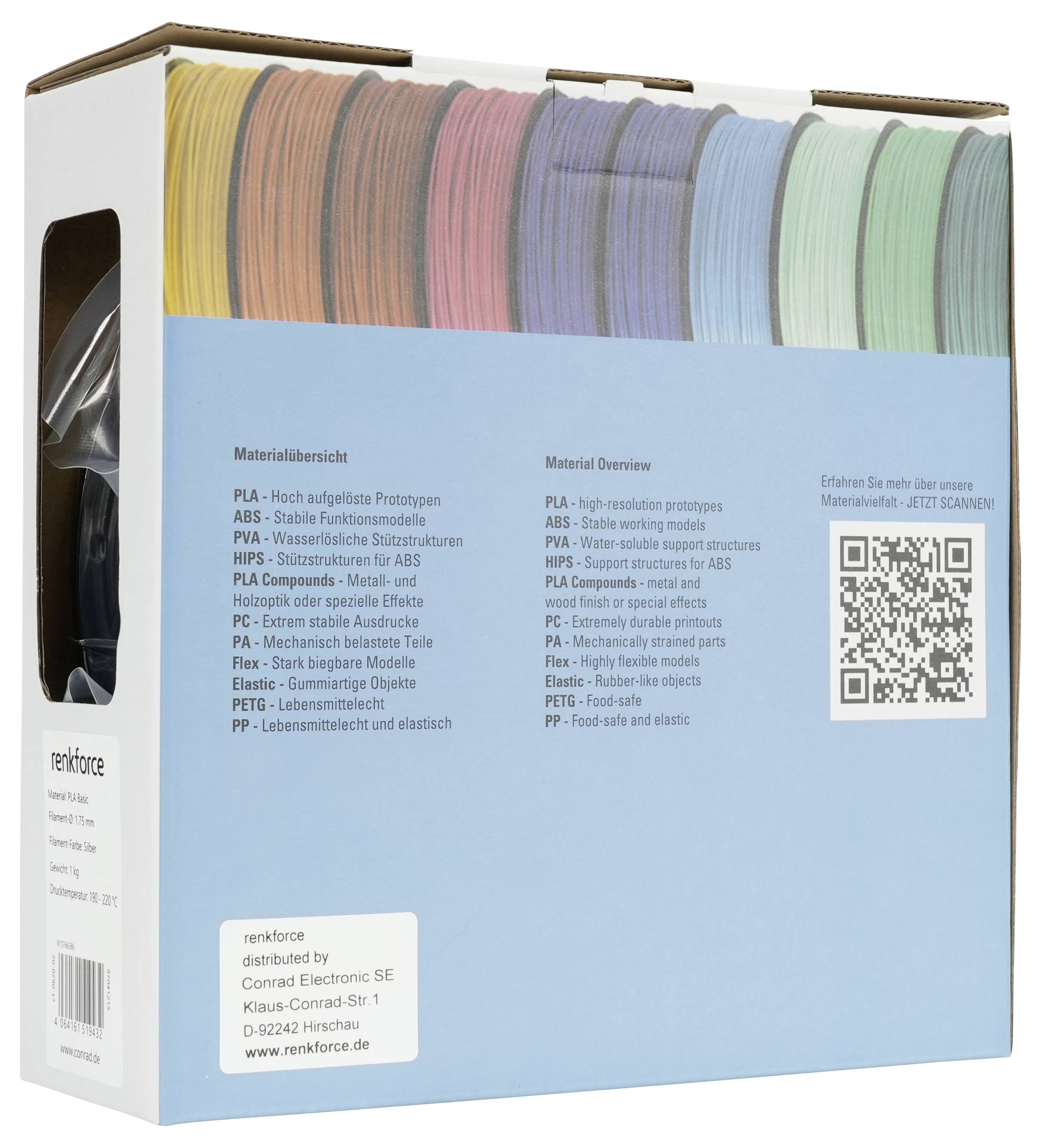 Eine Kartonmusterbox von Renkforce-Filamentspulen, die viele farbige 3D-Druckermaterial-Muster mit gedruckter Materialübersicht und einem QR-Code zeigt.