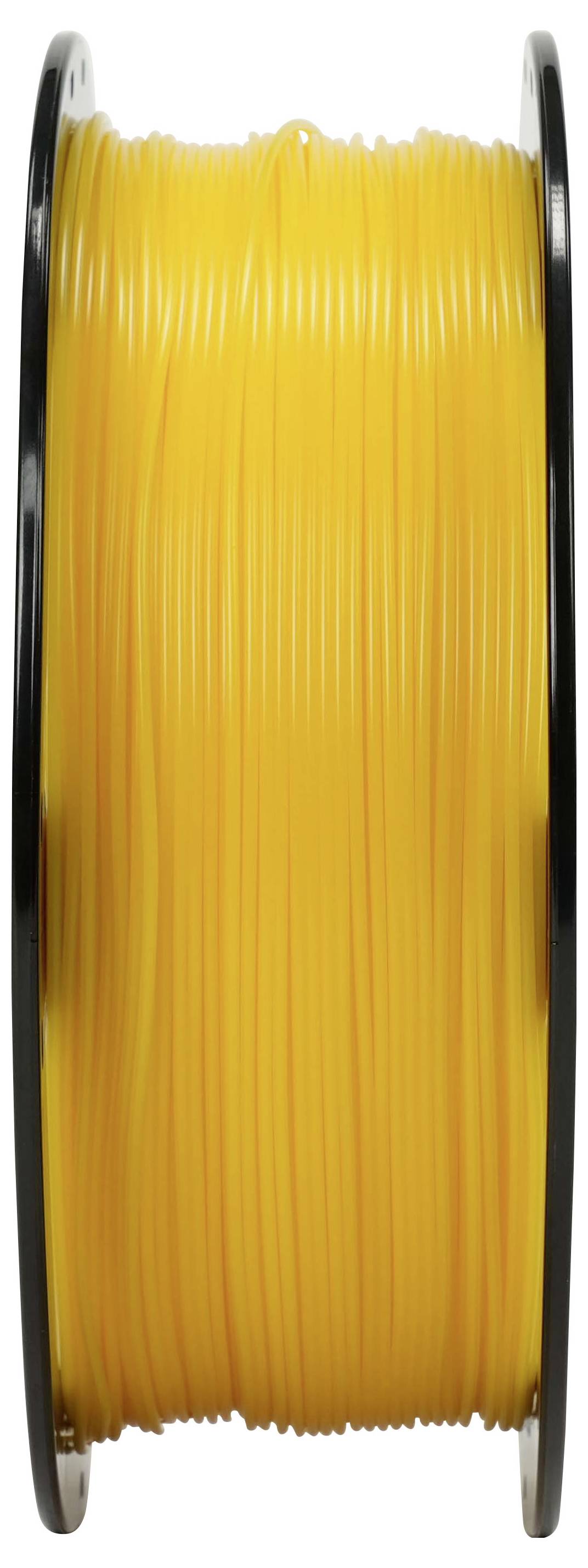 Spule mit leuchtend gelbem Filament oder Draht, aufgewickelt auf einer grauen Spule, vertikal vor weißem Hintergrund dargestellt.