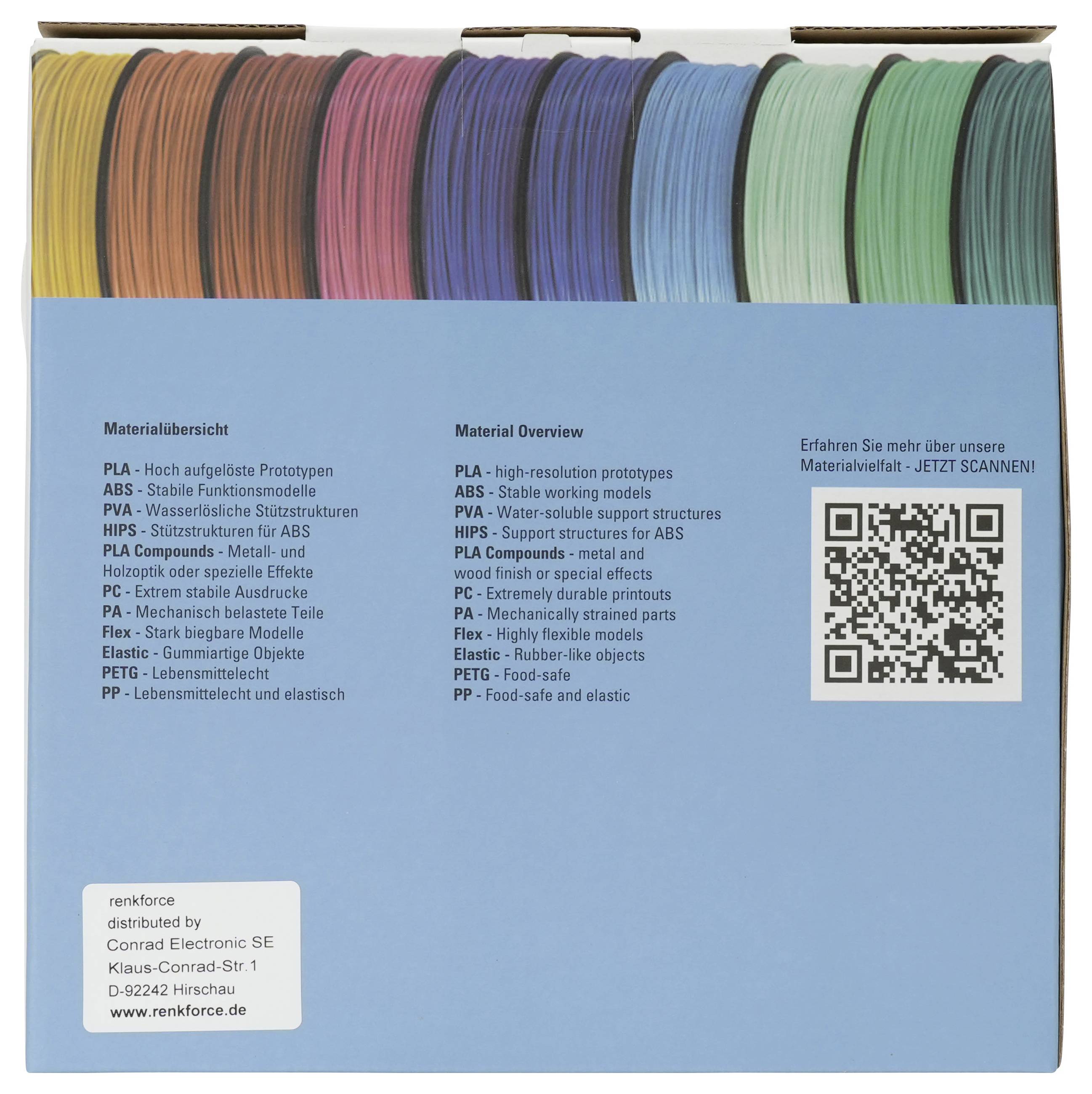 Blaue Verpackungsbox mit mehrfarbigen Mustersteifen oben, deutschem und englischem Materialiibersichtstext und einem QR-Code auf der rechten Seite.