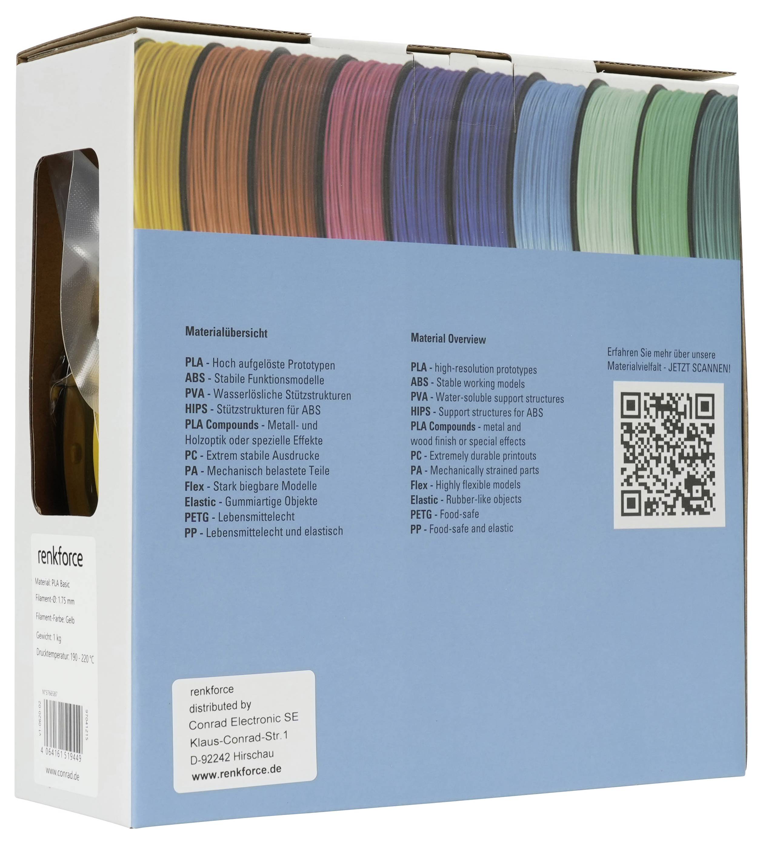 Verpackung für Renkforce-3D-Druckerfaden, zeigt verschiedenfarbige Filamentrollen und einen QR-Code mit Materialübersicht.