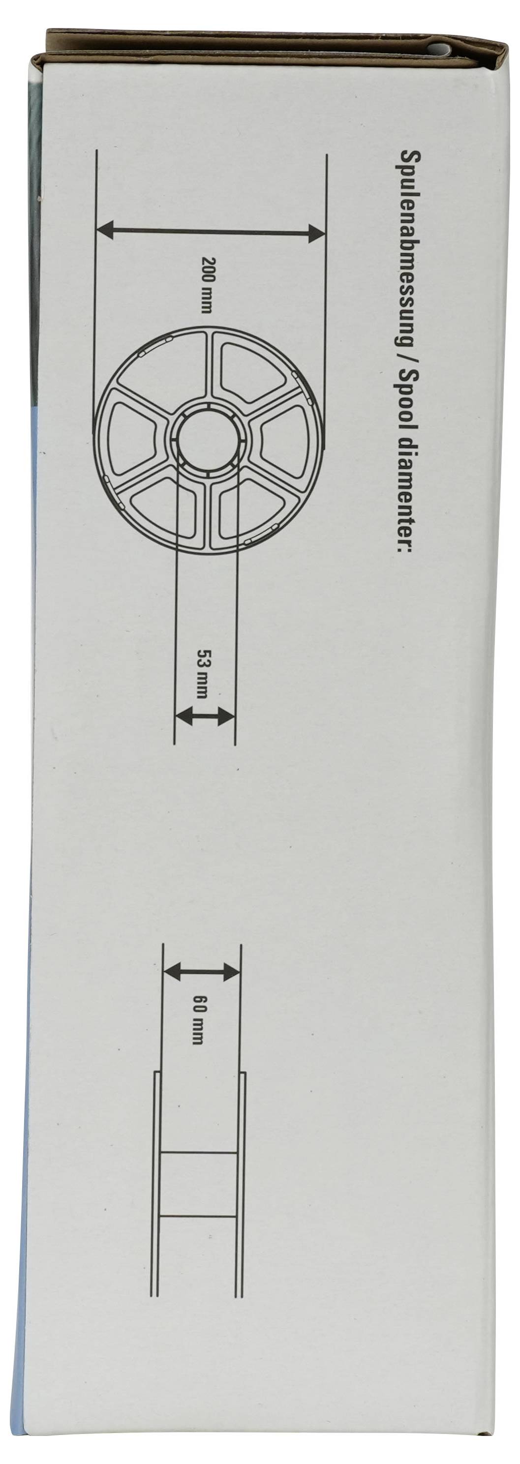 Boxseite mit Spulenabmessungen: „Spulenabmessung / Spulendurchmesser" mit Diagrammen mit den Bezeichnungen 250 mm und 85 mm.