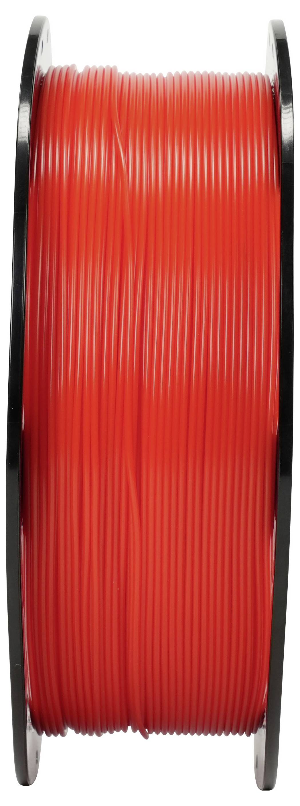 Eine Spule mit leuchtend rotem Filament oder Draht, der eng auf einer schwarzen Spule aufgewickelt ist, aufrecht vor einem einfachen weißen Hintergrund dargestellt.