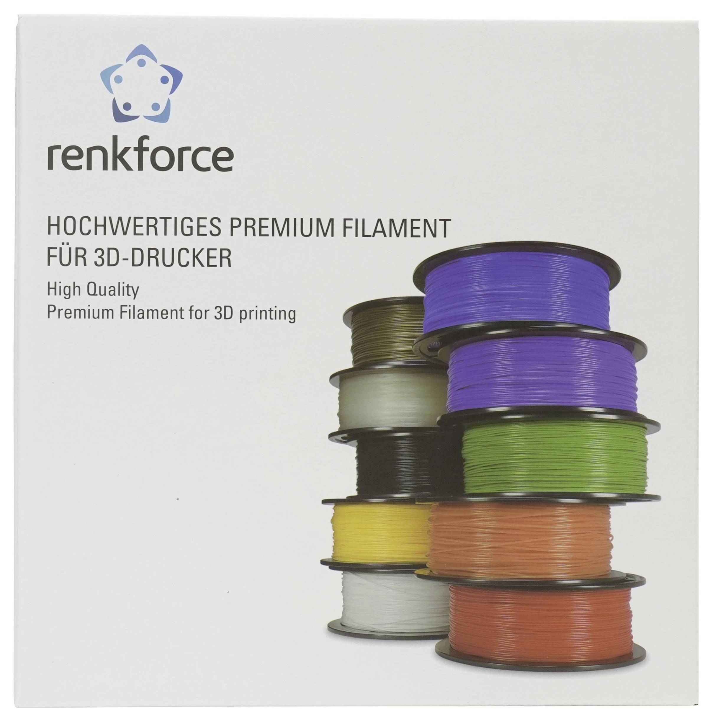 renkforce premium 3D-Drucker-Filament-Verpackung mit gestapelten Spulen in mehreren Farben und Text „Hochwertiges Premium-Filament zum 3D-Drucken"