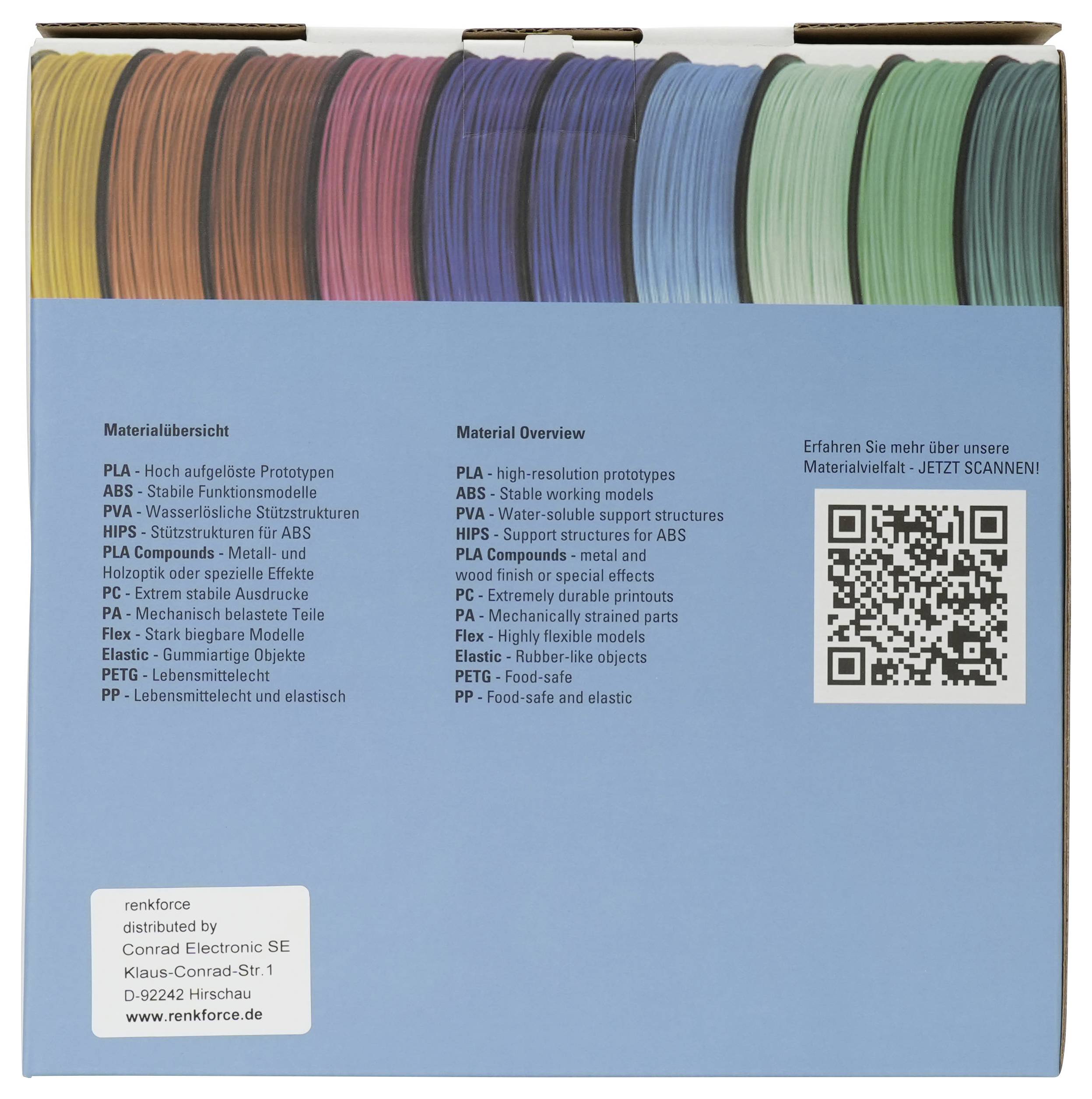 Blaues Verstärkungsmaterial-Übersichtsfeld mit farbigen Musterschichten, eine zweisprachige Liste von 3D-Druckmaterialien und ein QR-Code mit Scan-Aufforderung.