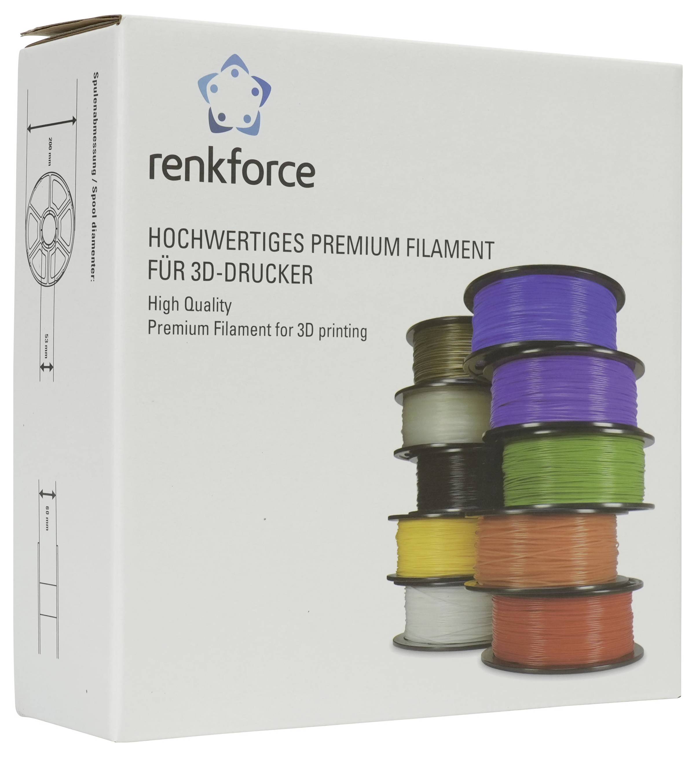 Schachtel hochwertiges Premium 3D-Drucker-Filament von Renkforce mit gestapelten Spulen in mehreren Farben und deutschem Produkttext.