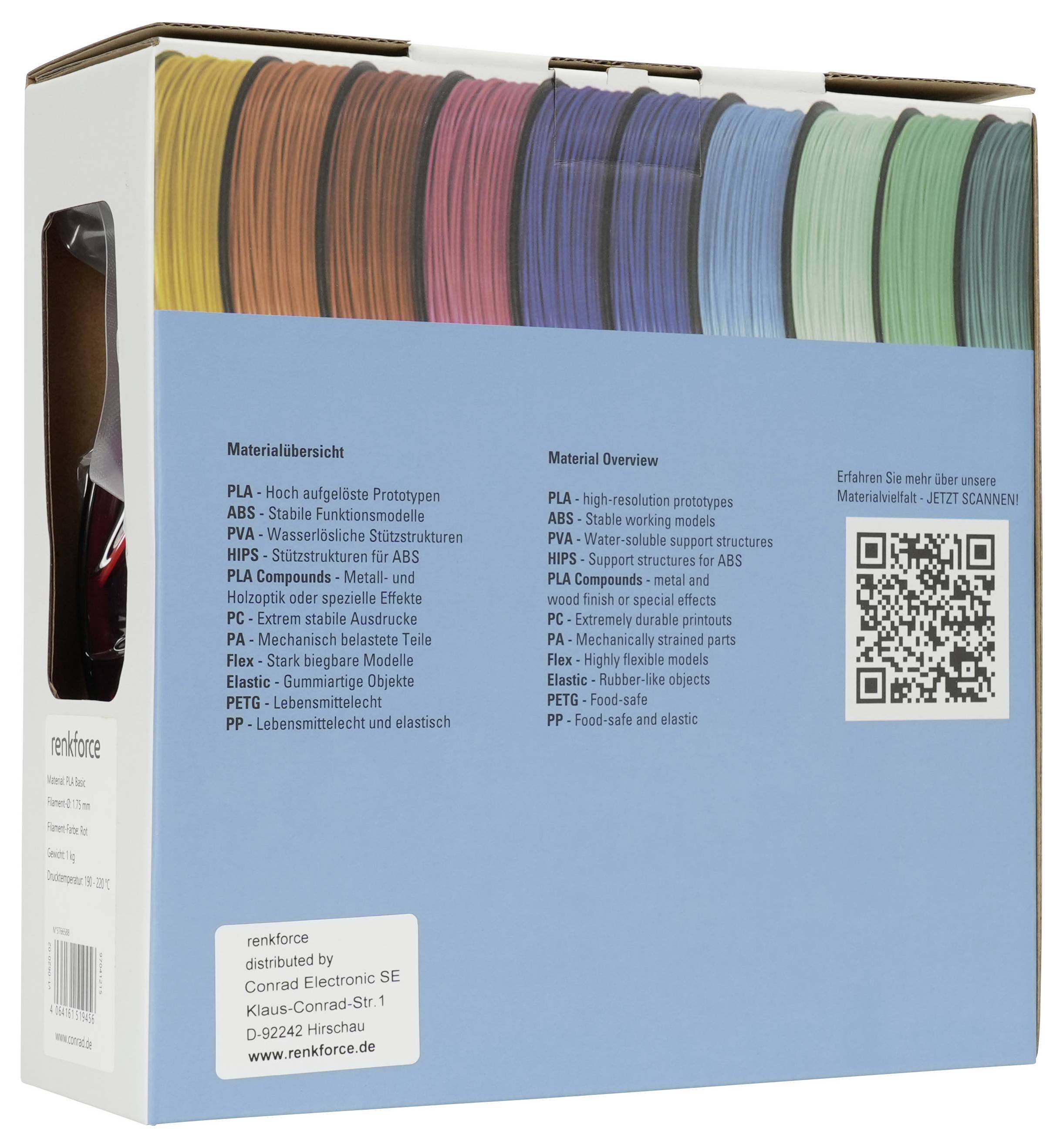 Produktbox mit farbenfrohen 3D-Drucker-Filamentspulen, gekennzeichnet mit "Materialübersicht" mit einem QR-Code und aufgelisteten Materialtypen auf der Vorderseite.